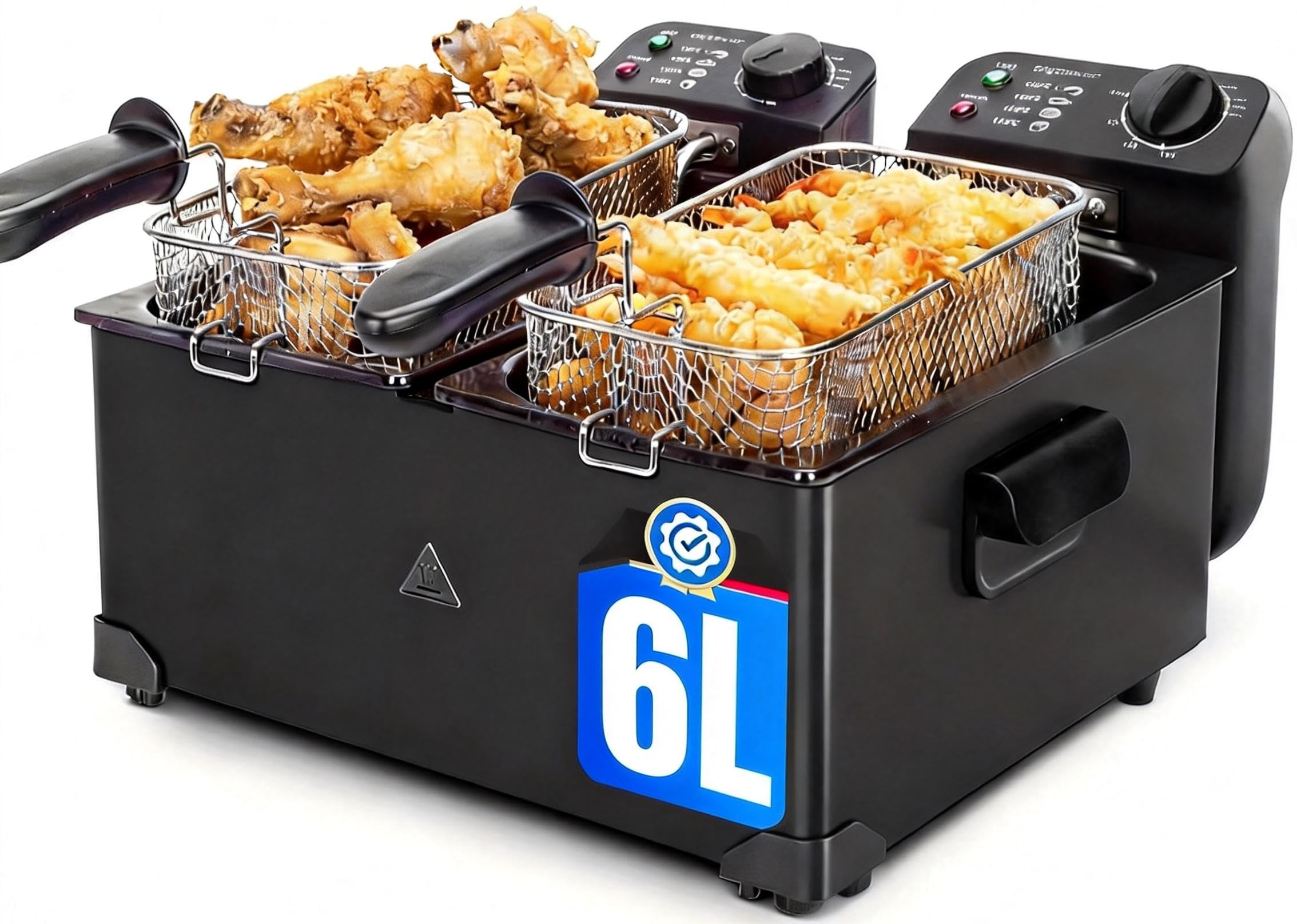 Aigostar Feast - Freidora 6L (2x3L) Acero Inoxidable, 3600W, Termostato Ajustable (90-190°C), Tapas con Ventana, Filtro de Humo, Asas Desmontables, Automático, Esmaltado, Libre de BPA