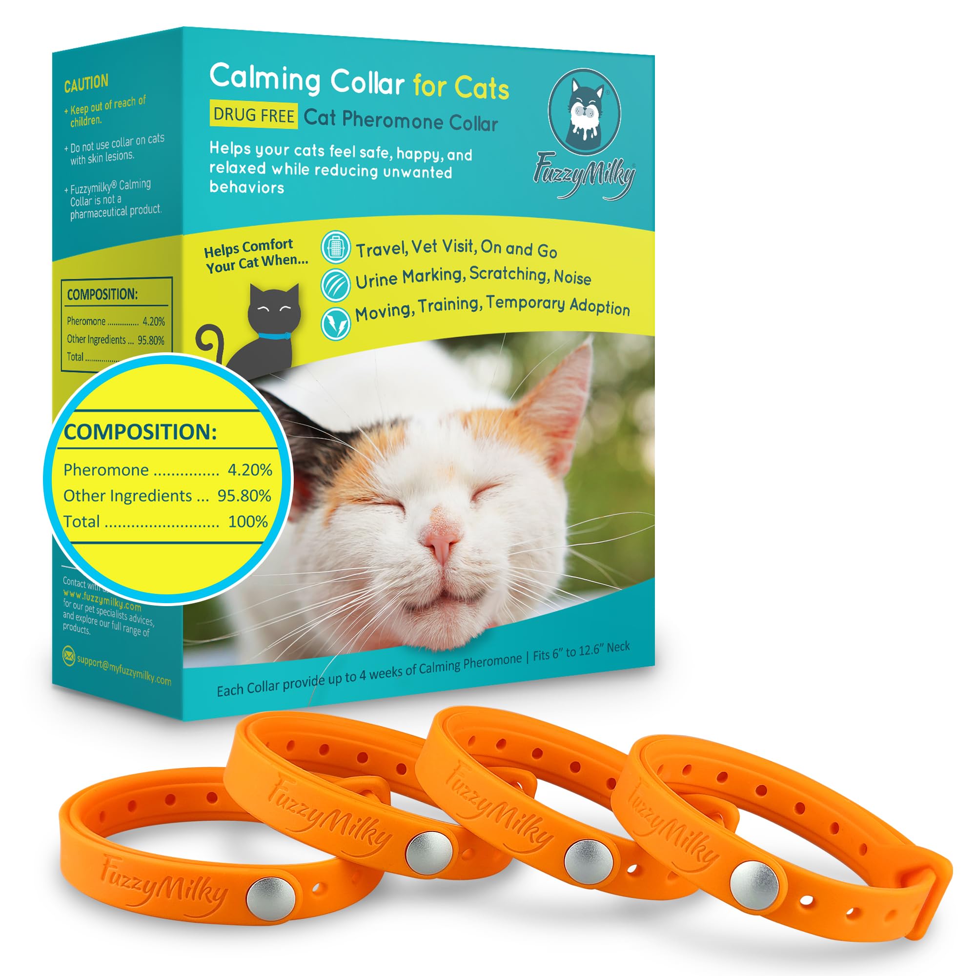 Calming Collar for Cats - Cat Calming Collar Infused with Synthetic Pheromones, Cat Pheromone Diffuser Necklace for Anxiety Relief, Travel, Keeping Quiet - 4 Weeks Supply Each Collar (Orange, 4P)