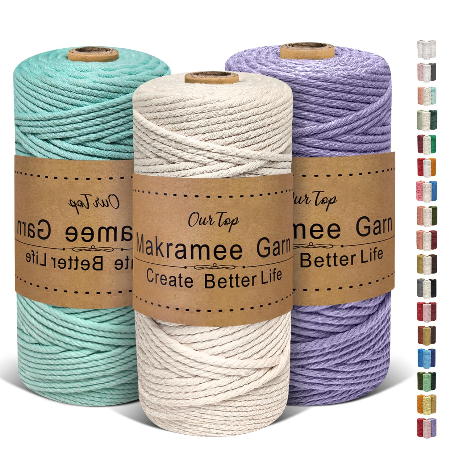 OurTop 3 Rolls Premium Macrame Cord, 3mm x 100m Braided Macrame Rope Twisted Cord Yarn Macrame Yarn Thick Rope for Wall Hangings, Plant Hangers, DIY Crafts(Beige, Light Purple, Cyan)