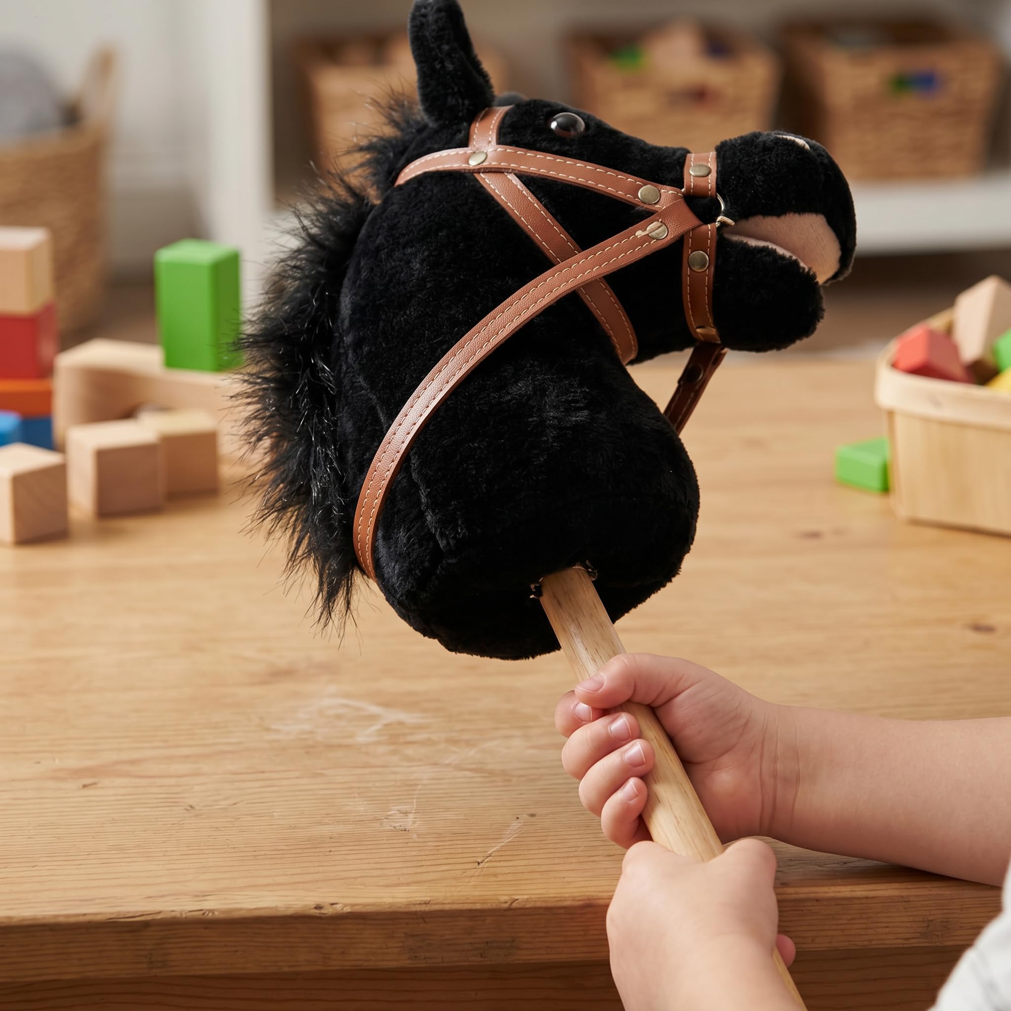 Hobby Horse Pferde für mit Soundeffekten, 100cm Steckenpferd zum Reiten, Schwarz, 100cm Hufeisengeräusch+Pferdegeräusch+Cowboy-Lied Nicht abnehmbar