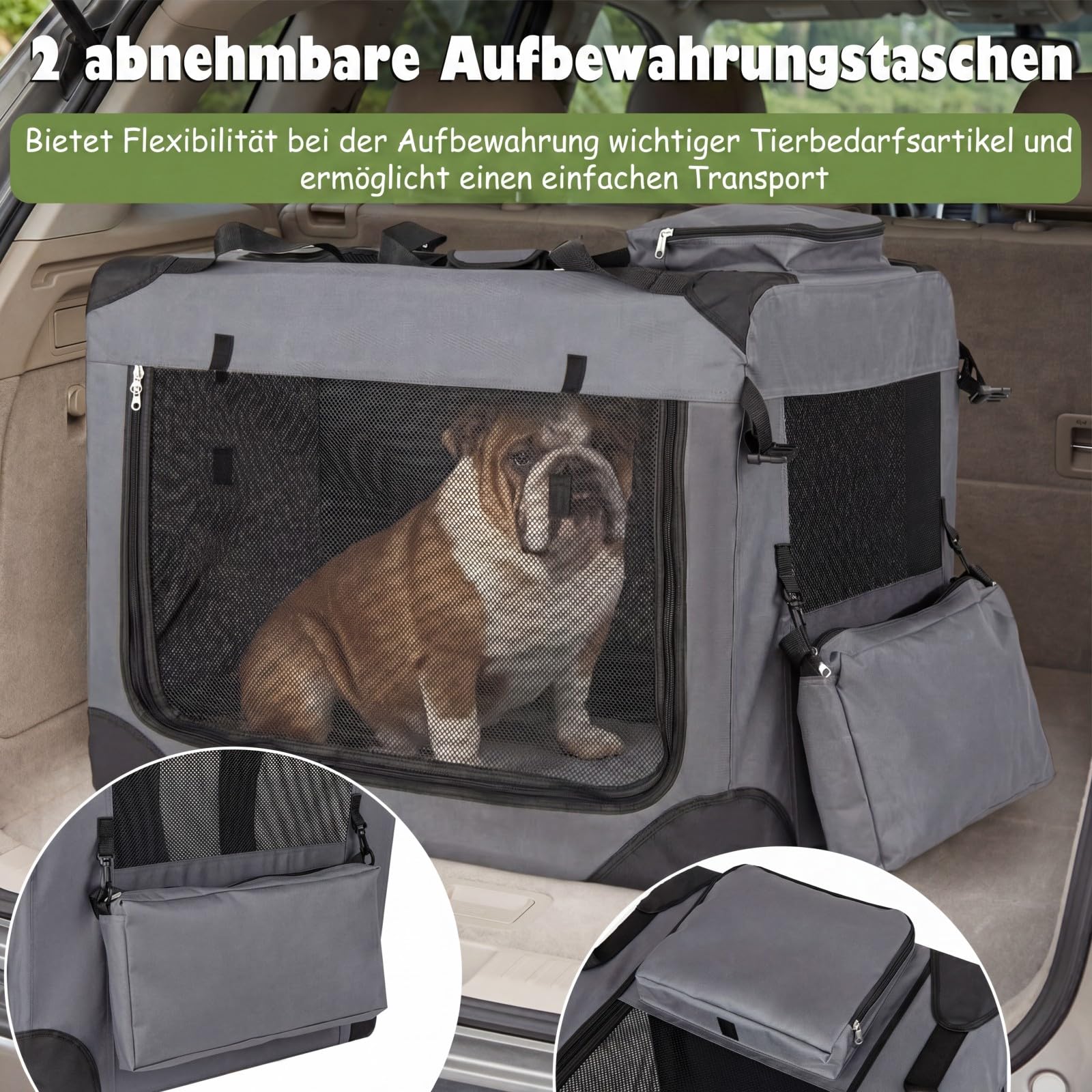 COSTWAY Hundebox Auto, Transportbox Hund faltbar (L-83,5 x 58 x 58 cm,Grau) | Hundetransportbox mit Griffen, 2 Taschen & abnehmbarem Pad, atmungsaktiv und tragbar, Katzenbox aus Oxford & Metallrahmen