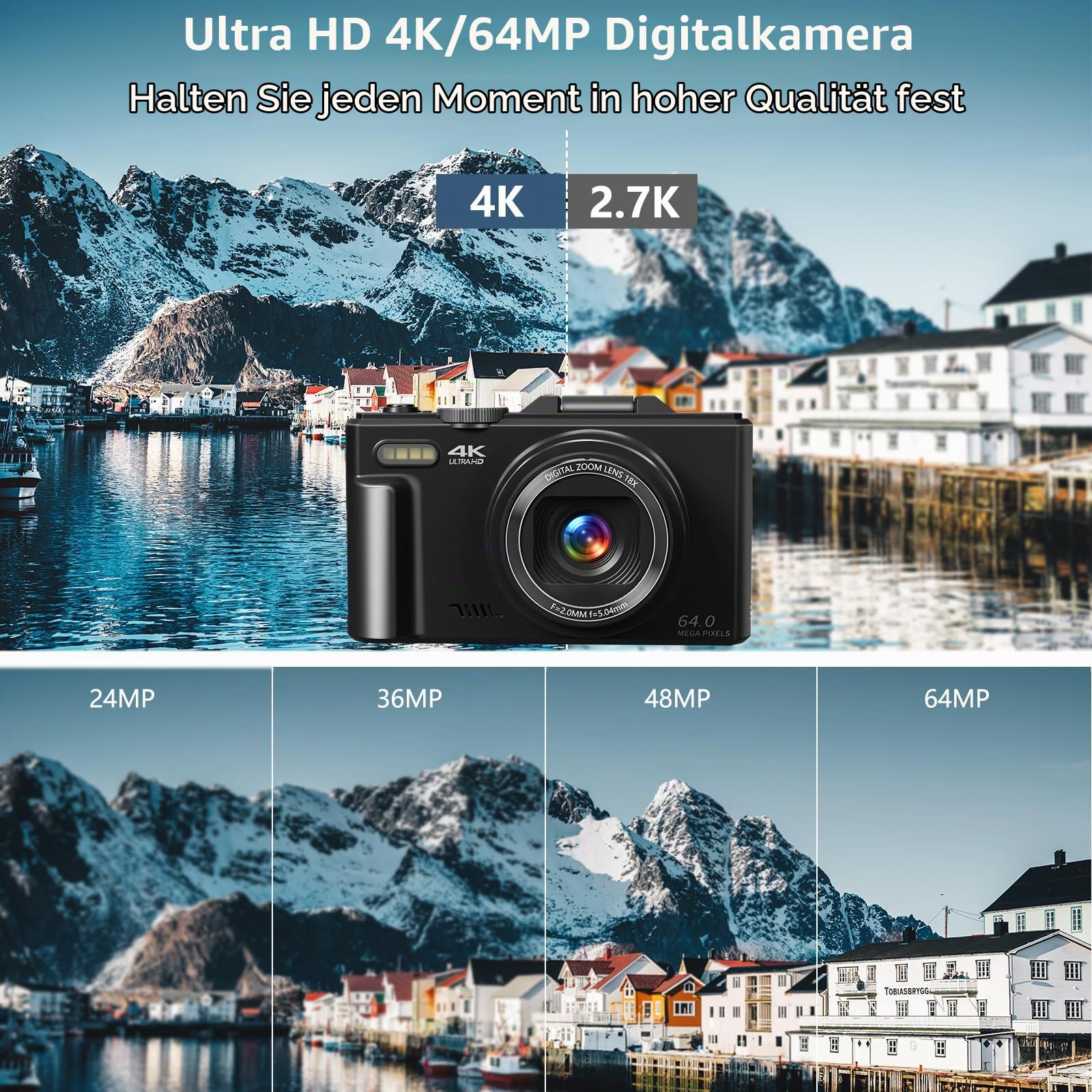 Gavonde Digitalkamera für Fotografie, 4K Vlogging-Kamera mit 3 Zoll 180° Flipscreen, 18X Digitalzoom, Schwarz