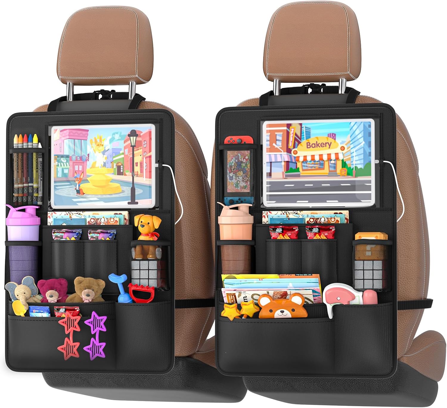 Backseat car Organizer with Touch Screen,2PACK of car organizer Kick Mats Back Seat Protector with 10pcs Storage Pockets,Car Seat Back Organizers Storage for Kids road trip essentials 2PACK Black