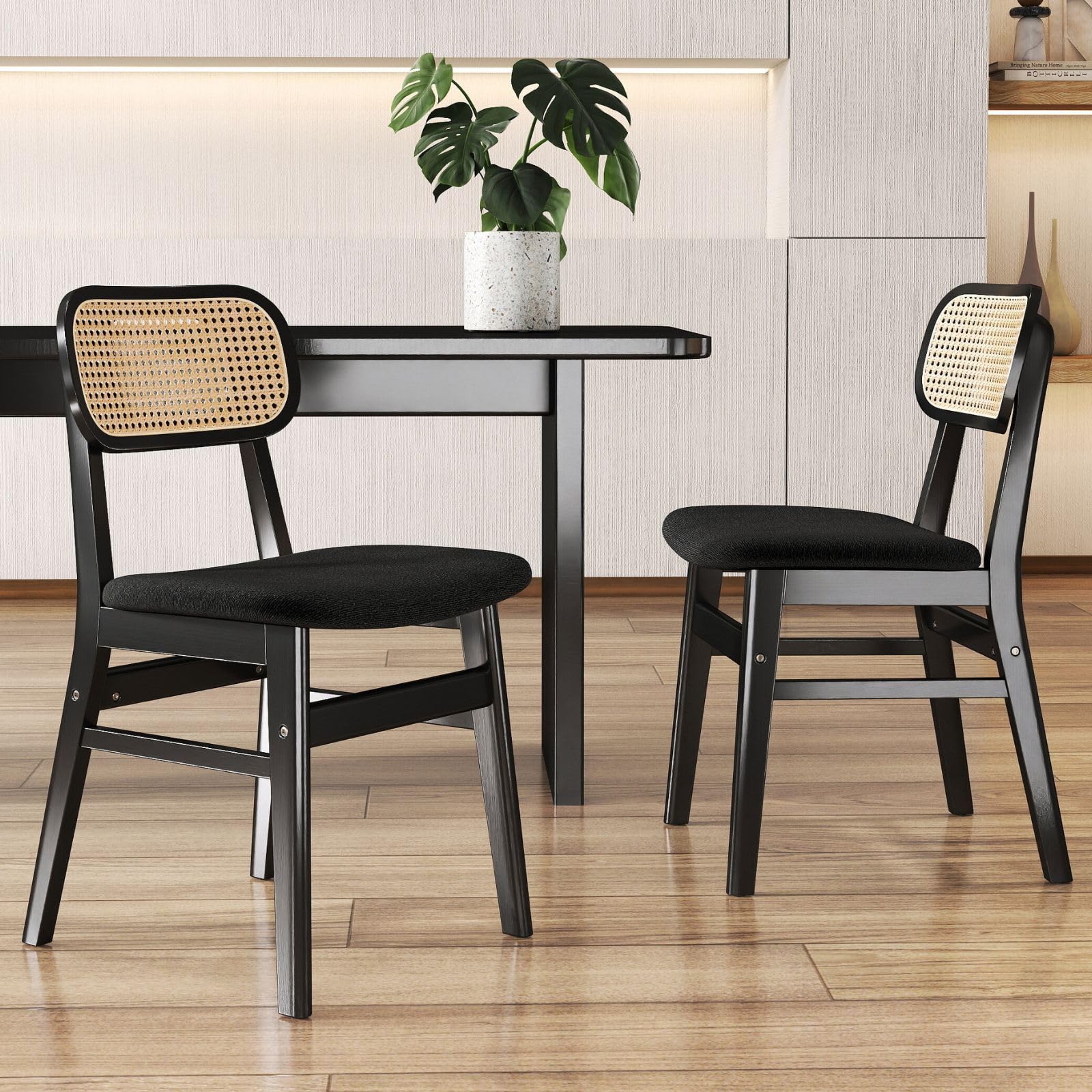 ROCITY Black Rattan Dining Chairs Set of 2 Lambswool Dining Room Chairs Natural Wooden Kitchen Chairs Farmhouse Boho Side Chairs