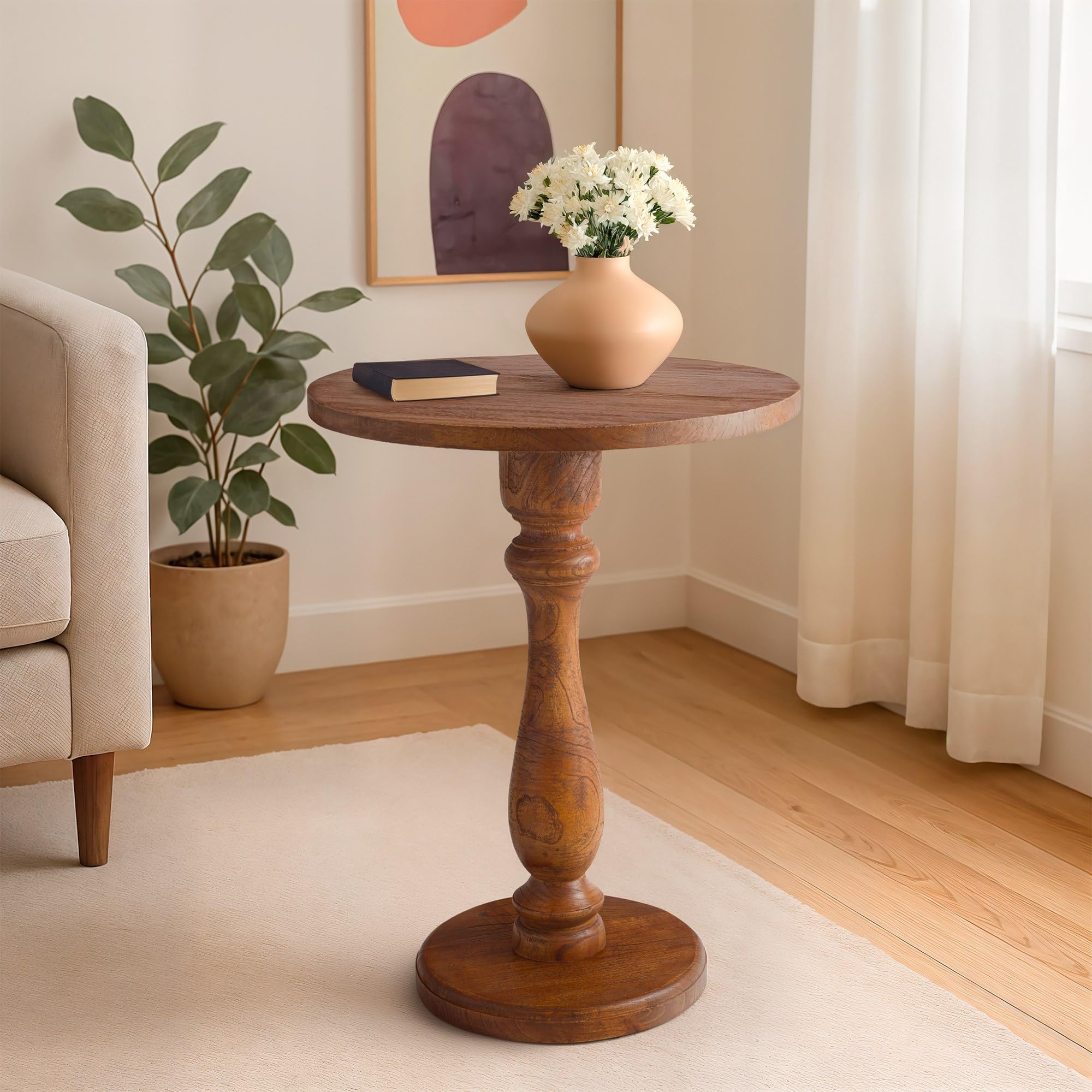 CLP Mesa Auxiliar Adamsville Mesa Redonda Artesanal de Madera Maciza de Mindi para salón y Comedor, Color:marrón