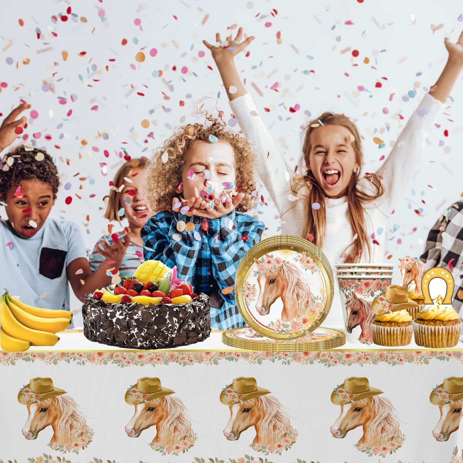 LSJDEER Decorazione per festa di compleanno con cavallo - Bomboniere a cavallo, piatti, tazze, tovaglioli, tovaglie, striscioni di buon compleanno, palloncini, arco, decorazioni per torta (L