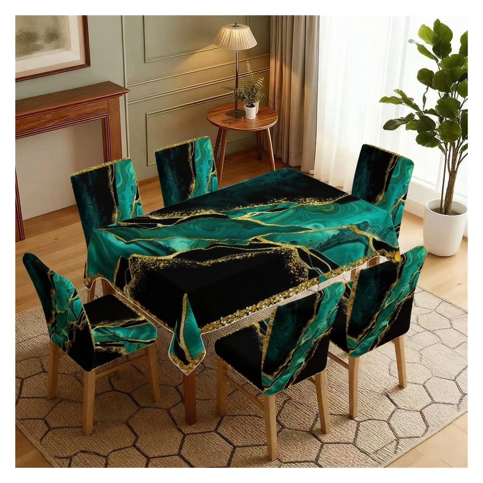 KXUAUV Black Teal Green Marble Gold Glitter Print Stretch Dining Chair Slipcover & Tablecloth Set, Modern Luxury Dining Decor, 5/7 Pack Party Decor(7pcs Set: Tablecloth+Chair Covers)