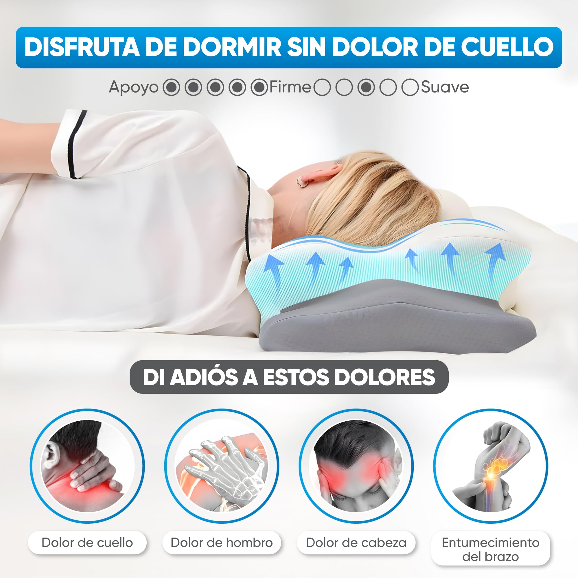 Almohada Cervicales y Cuello – Almohada Antiarrugas -Almohada Ergonómica para Dormir de Lado, Boca Arriba o Boca Abajo- Almohada Antirronquidos-Almohada Ortopédica para Mejor Descanso