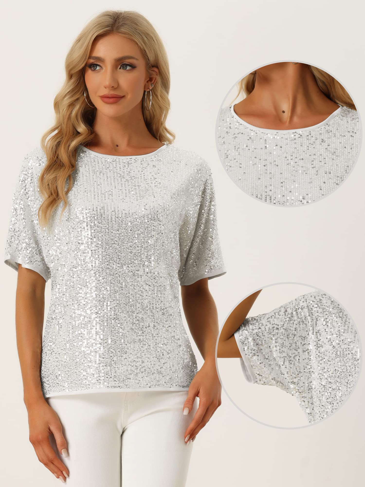 Allegra K Damen Festliches Oberteil Pailletten Oberteile Kurzarm Rund Halsausschnitt Party Glitzer Top Silber M