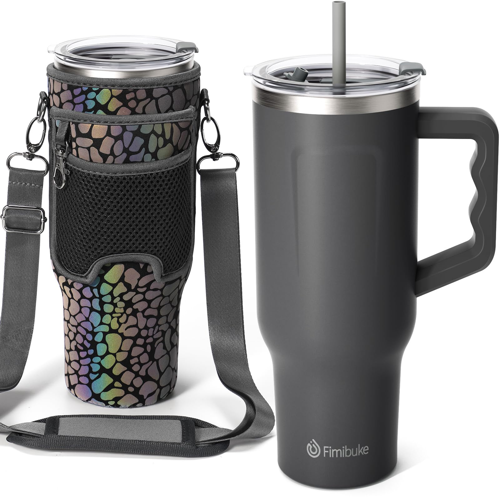 Fimibuke 40 oz Tumbler with Handle & Carrier Bag, Stainless Steel Vacuum Insulated Cup with Leakproof Lid & 2 Silicone Straw, Reusable Water Bottle Cupholder Friendly Women Men Travel Mug with Sleeve