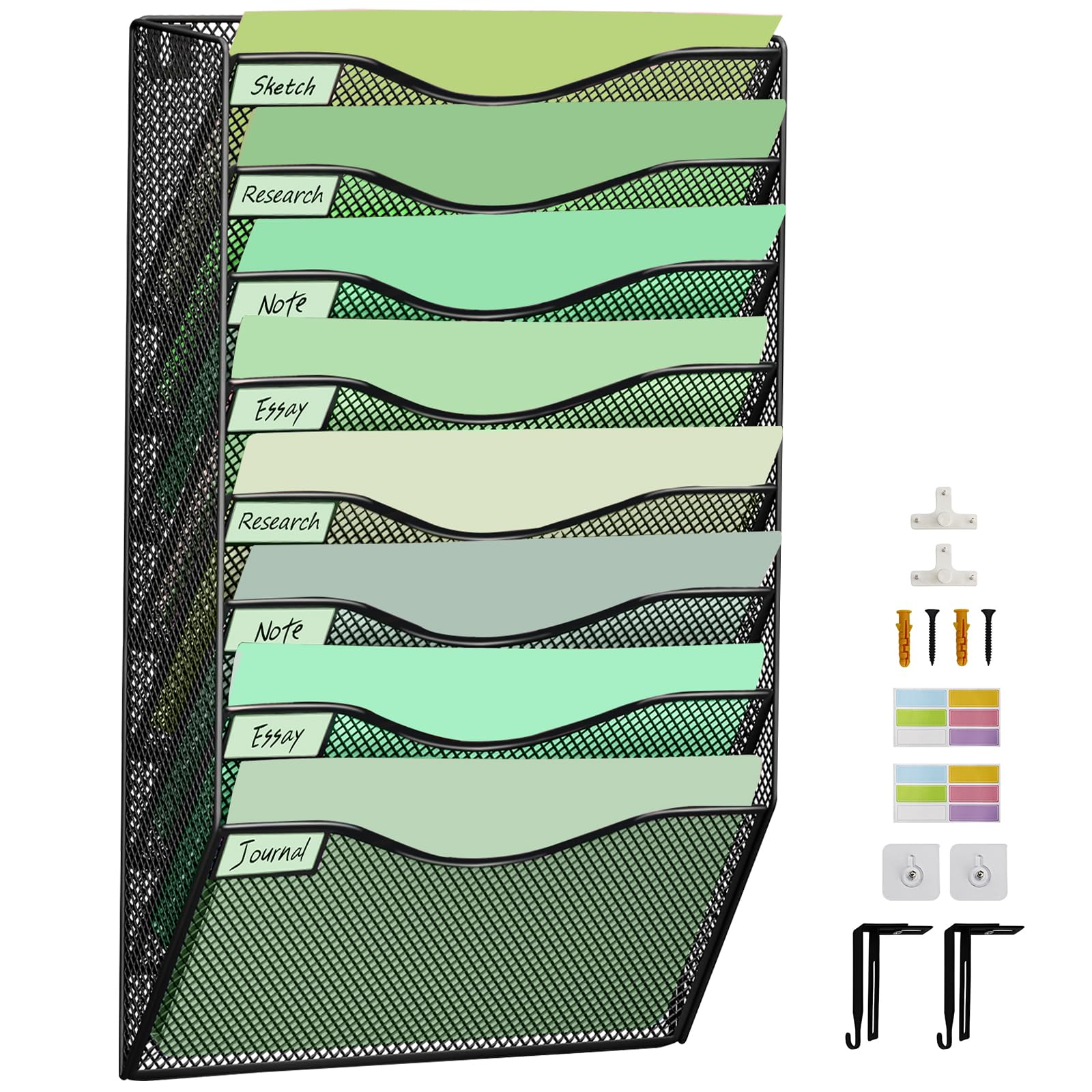 IOUGDSEC 8 Tier Upgrade Mesh Wall File Holder Organizer, Medium Mesh Vertical Hanging File Organizer, Office Hanging File Folder Magazine Rack, Nametag Label Hooks Set Included, Black