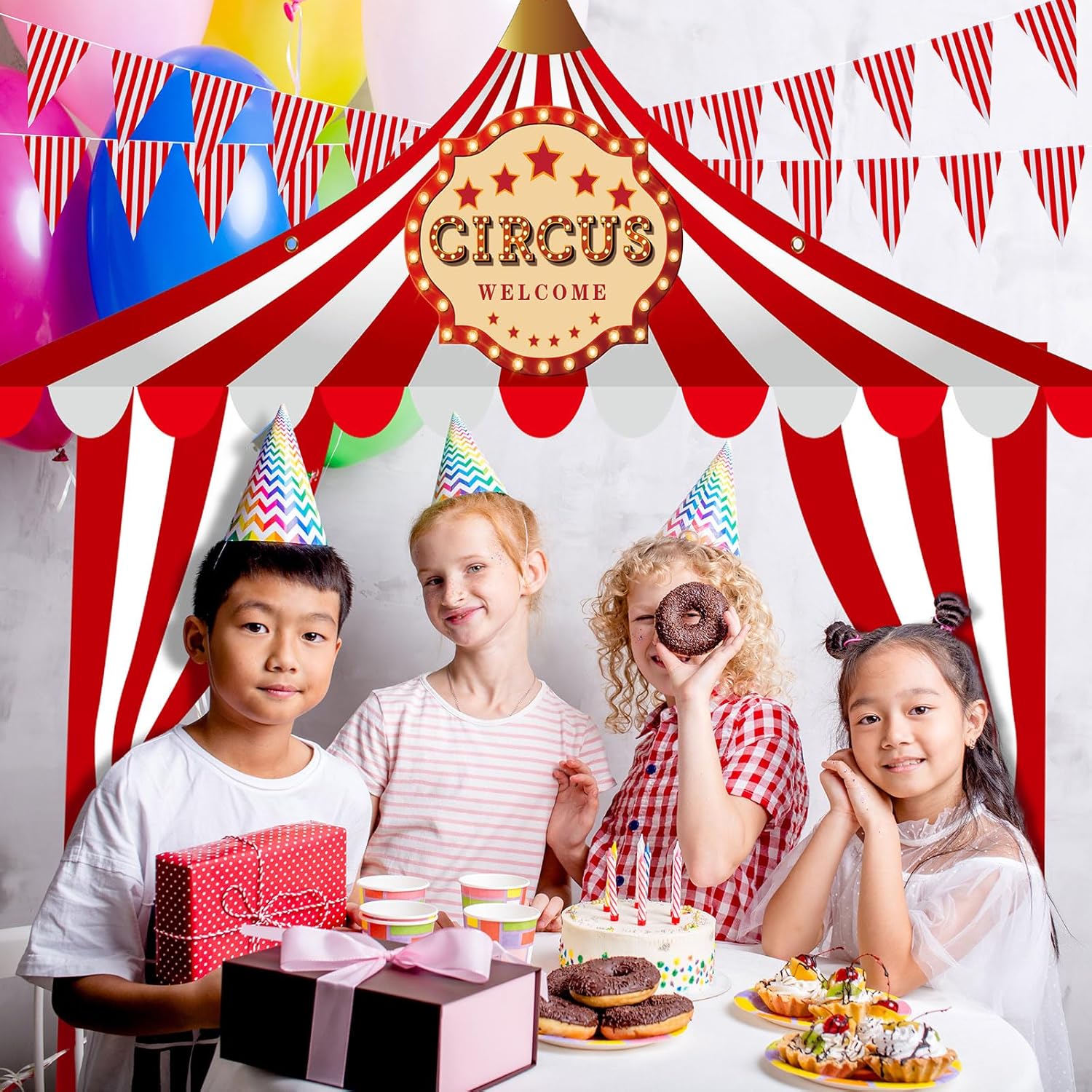 Preboun 9 Pcs Circus Tent Decorations Carnival Party Decorations Entryway Door Awning Decoration Red and White Striped Hanging Banner Aisle Runners Pennant Banner String Lights for Circus Birthday - Image 4