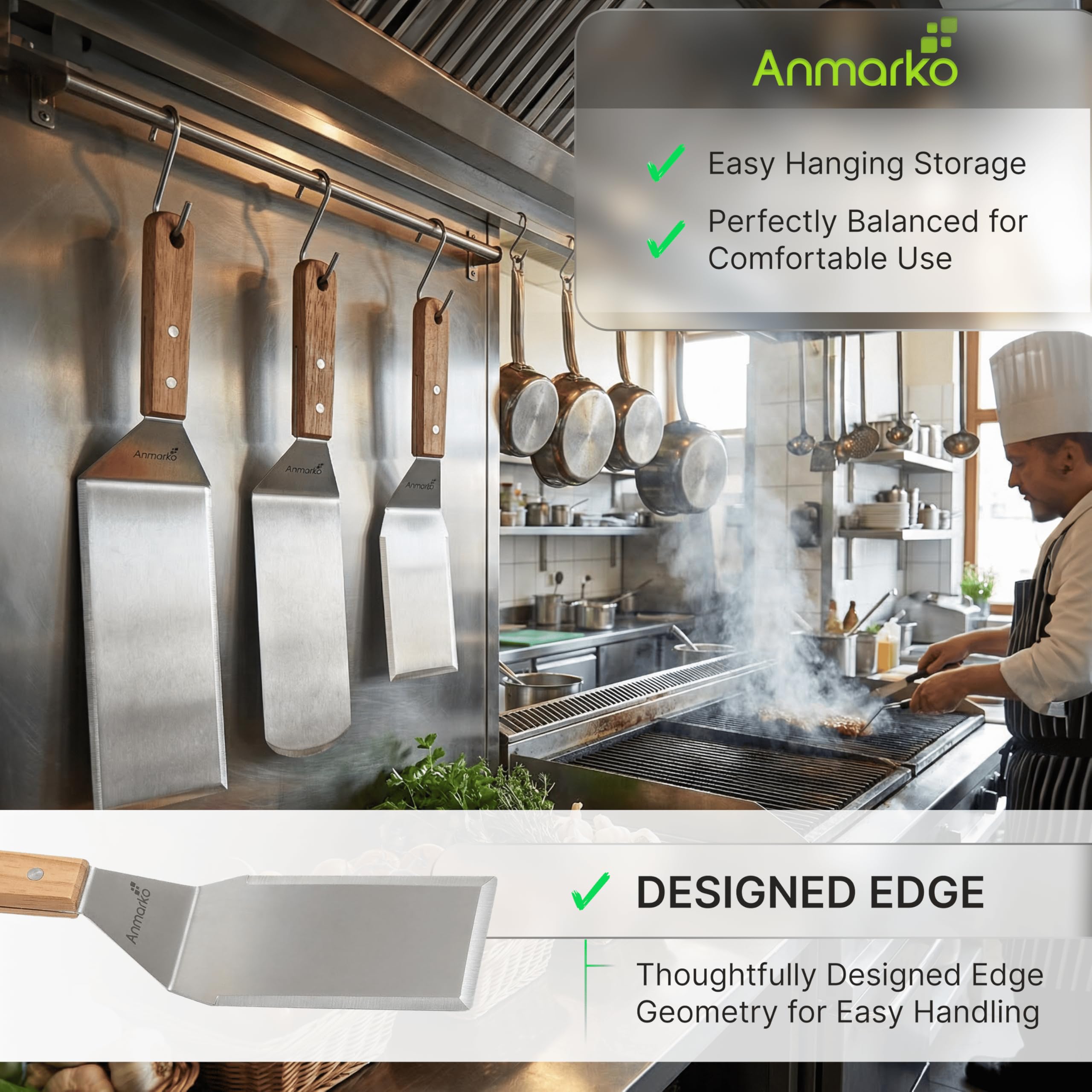 Anmarko Spatule en métal en acier inoxydable - Ensemble de spatules de plaque de cuisson professionnelles de 3 pièces - Accessoires robustes idéales pour le barbecue en fonte, le gril à plaque