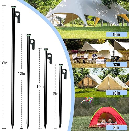 Miniatura 2 de Paquete de 12 estacas para tienda de campaña con martillo, estacas de tienda de campaña resistentes de 16 pulgadas + martillo de campamento de 10