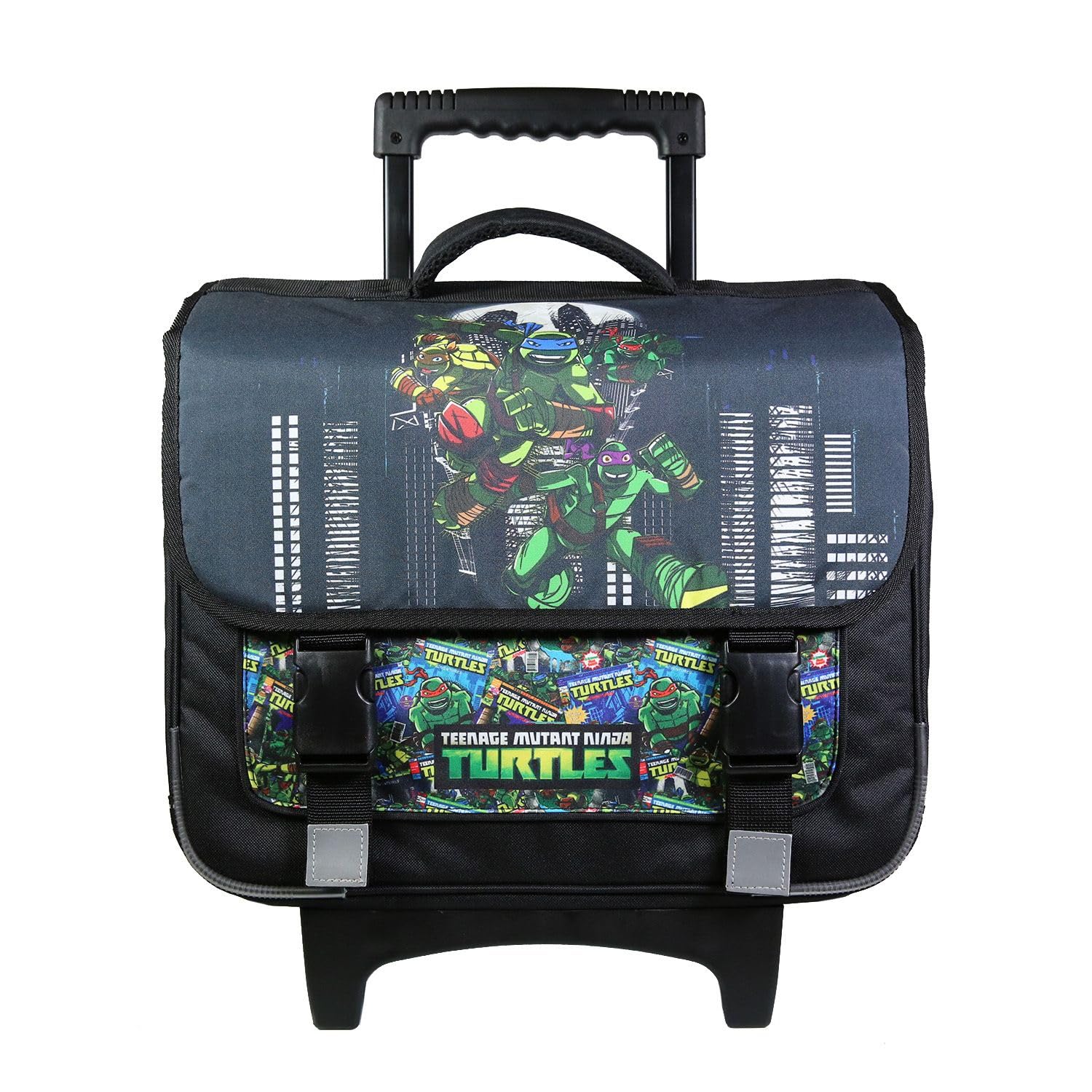 Bagtrotter - Cartable à Roulettes 38 cm - Tortues Ninja - Noir - 2 Compartiments, Poche Sous Rabat, Bretelles Matelassées Ajustables & Rétractables, Fond Renforcé - Licence Officielle Tortues Ninja