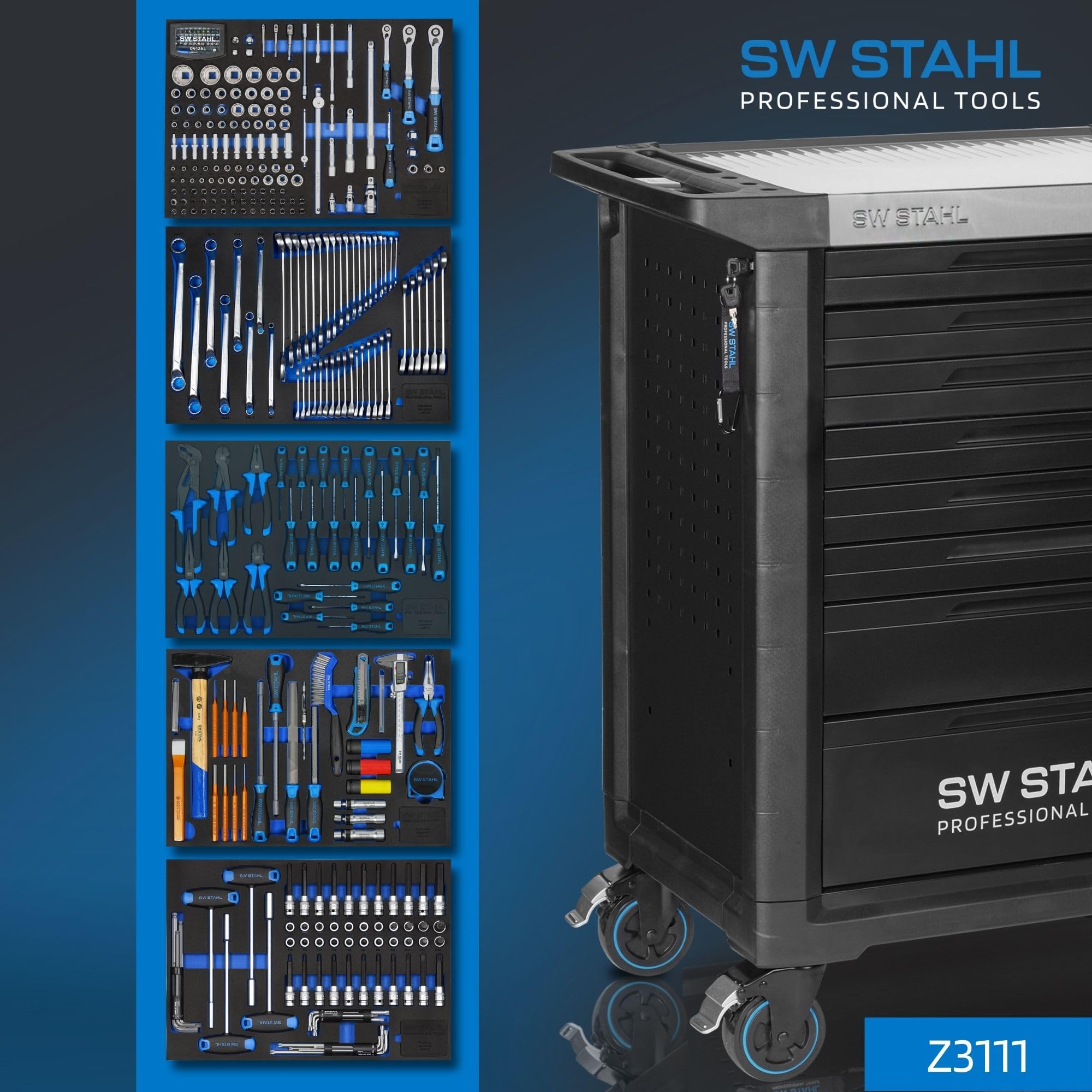 SW-Stahl Z3111 Wózek Warsztatowy TT801 z Wyposażeniem, 8 Szuflad, 341 Szt. | Zestaw narzędzi wózek narzędziowy czarny, blat ze stali nierdzewnej, system Twin-Lock i koła TPE do warsztatu