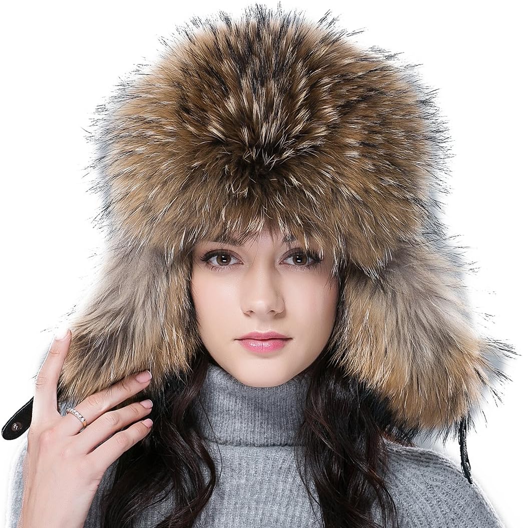 URSFUR Women's Fox & Raccoon Russian Ushanka Trapper Hat Caps with Ear Flap