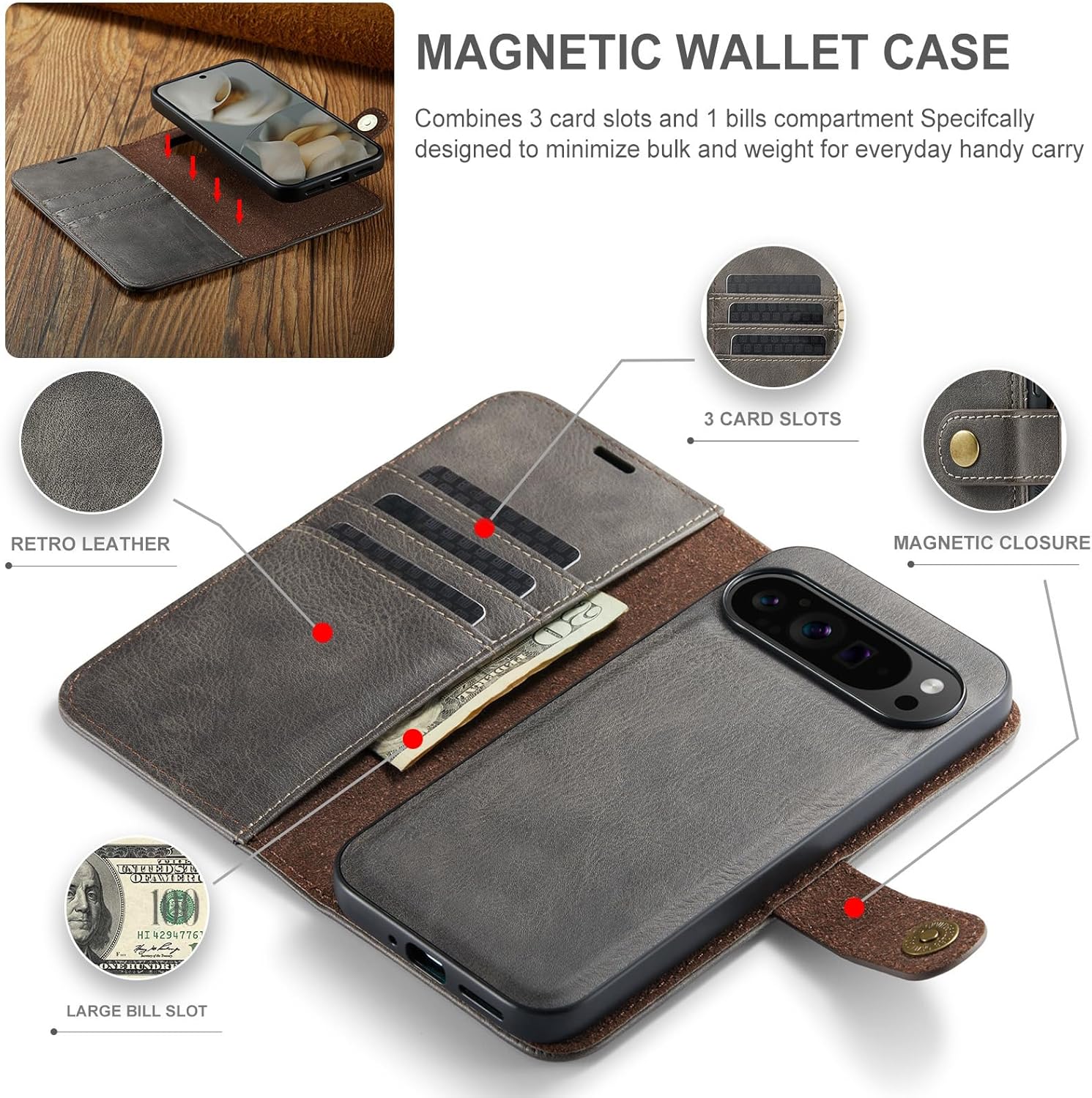 Asuwish Phone Case for Google Pixel 10 Pro XL Wallet Magnetic Detachable Cell Cover with Tempered Glass Screen Protector Flip Card Holder Slot Purse Pixel10 10Pro 10ProXL Ten Women Men Girls Gray