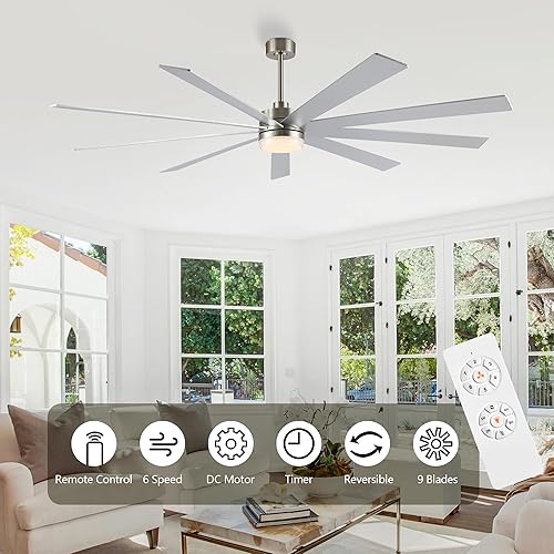 Miniatura 3 de Ventilador de techo con motor CC de 84 pulgadas con luz, control remoto de 6 velocidades, motor reversible, moderno ventilador de techo plateado