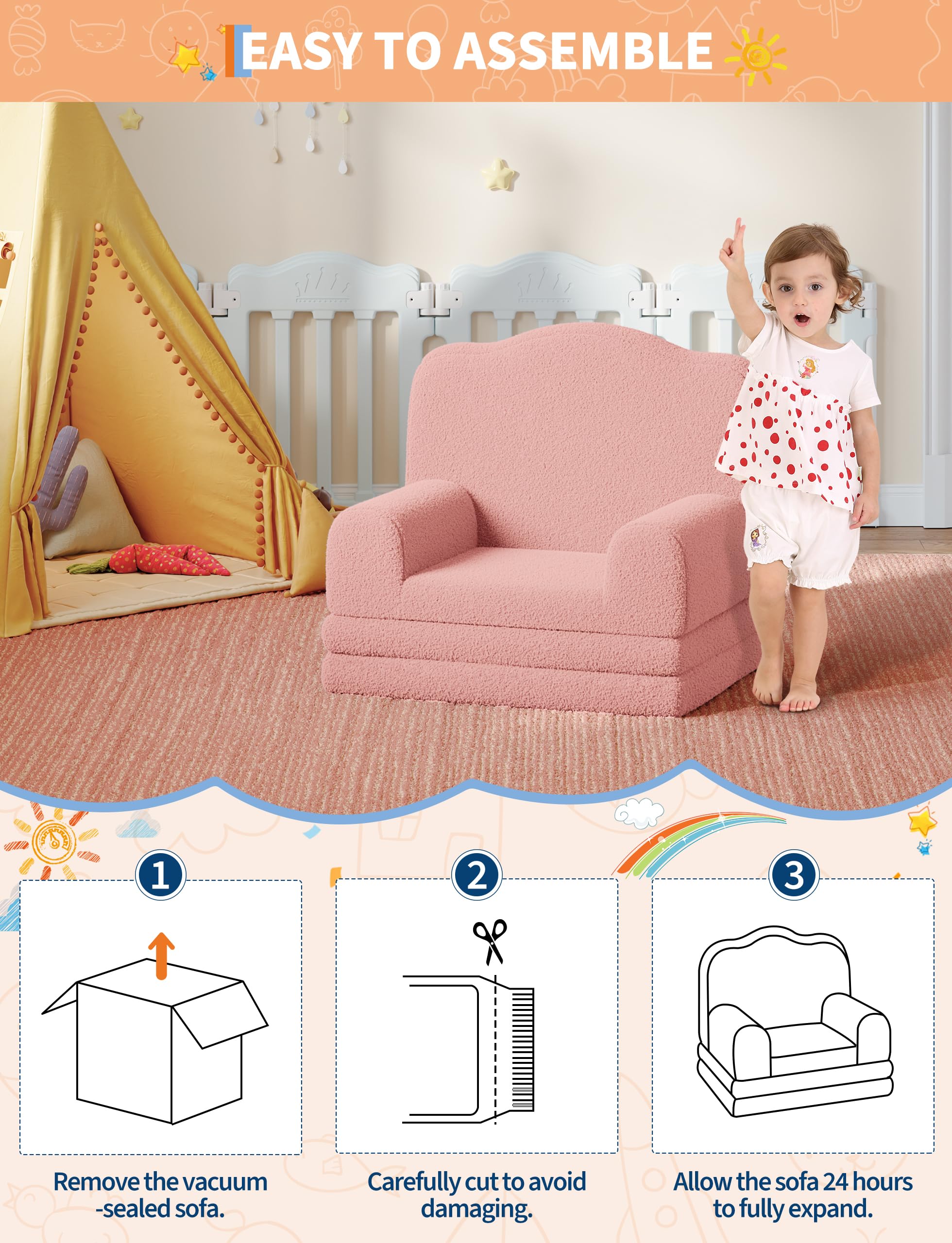 GarveeHome Rosa Kinder-Sessel, Weiches & bequemes Kindersofa für Kinderzimmer, Wohnzimmer, Schlafzimmer & Innenraum, Größe 58 x 45 x 50 cm