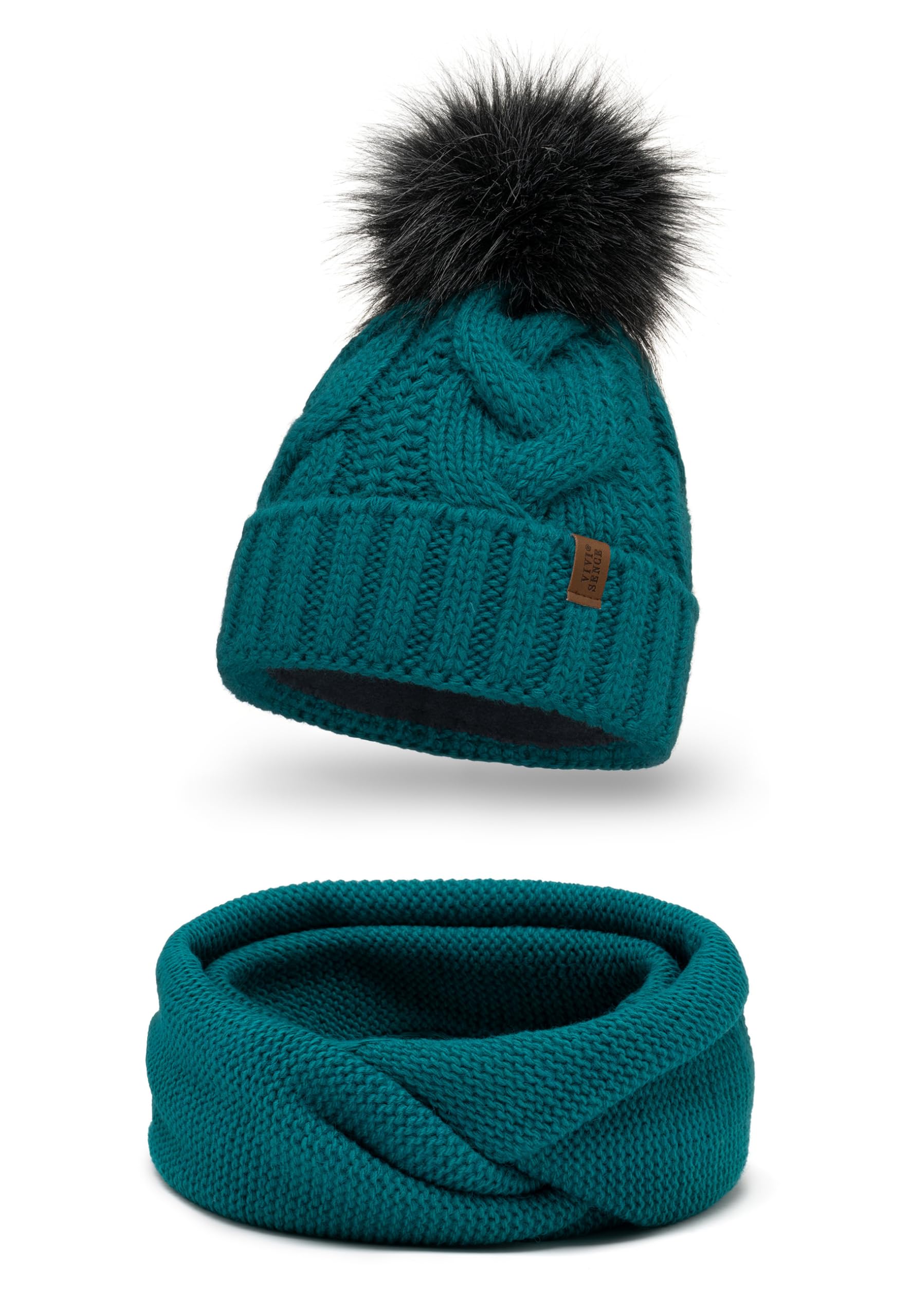 VIVISENCE Bonnet Femme d'hiver Automne en Tricot Doux Doublé Polaire avec Pompon en Fausse Fourrure Antistatique Chaud Et Ajustable Parfait pour Les Jours Froids 7014