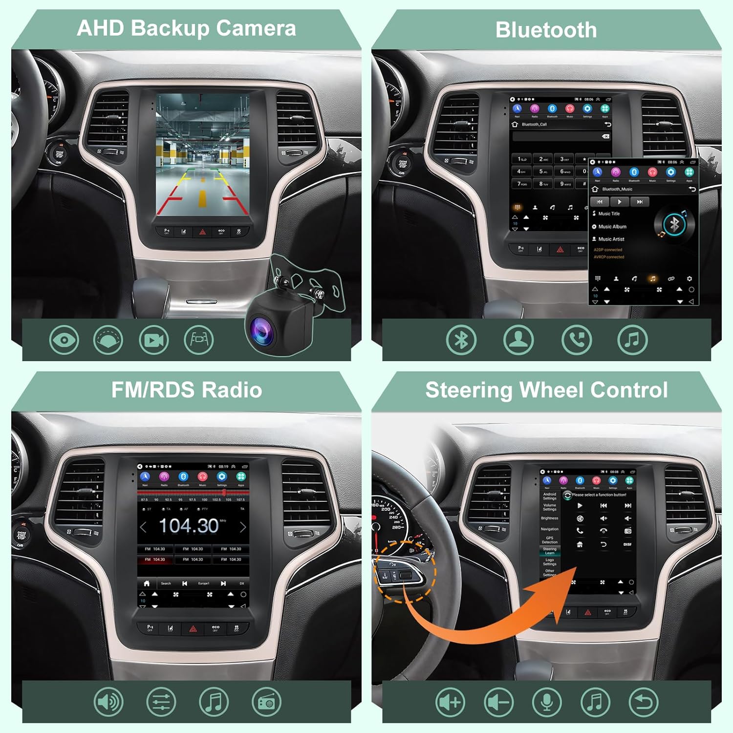 Four-panel image showing AHD Backup Camera, Bluetooth, FM/RDS Radio, and Steering Wheel Control functionalities of the car stereo.