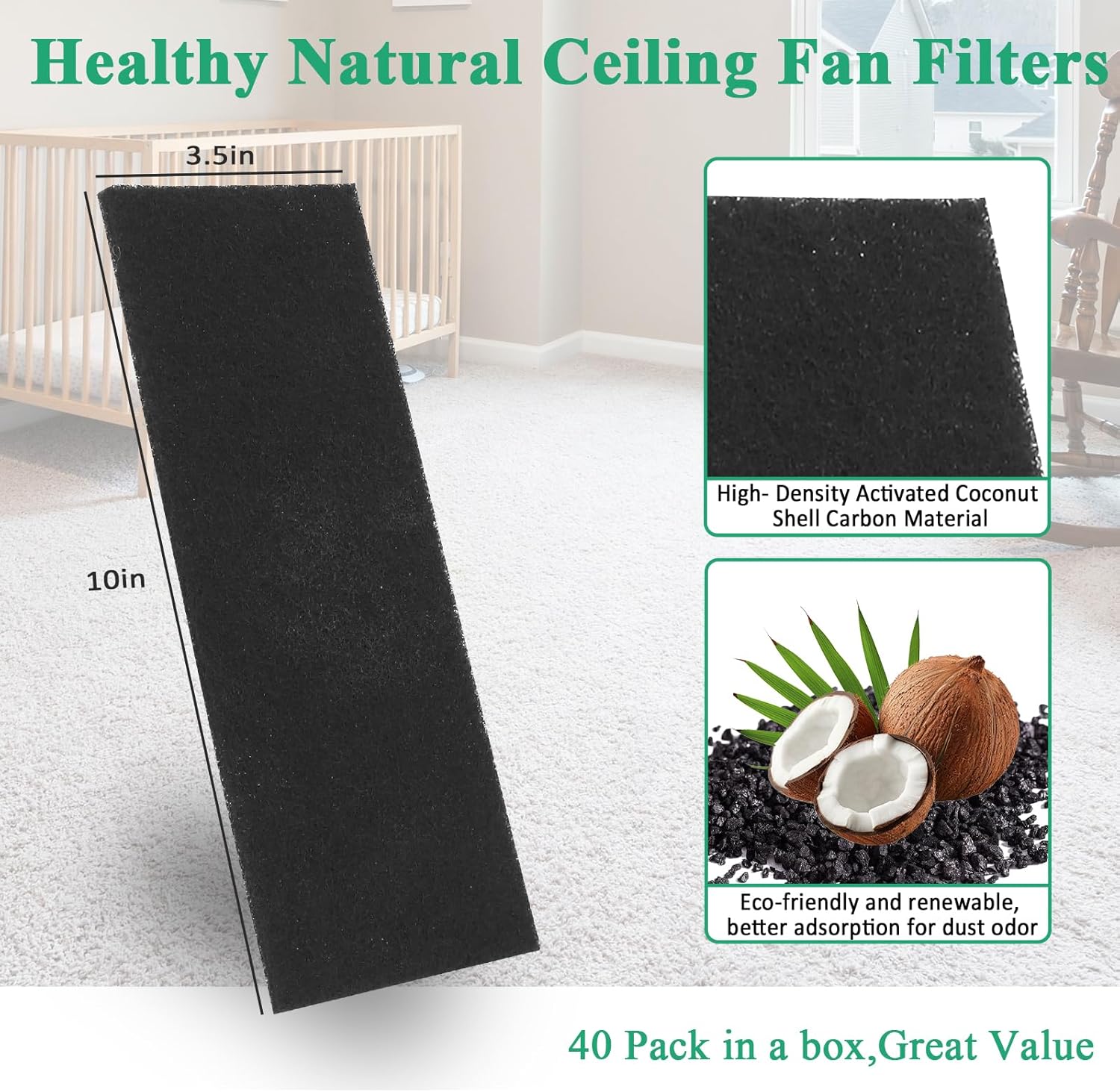 40 Pcs Ceiling Fan Filters for Blades, Fan Air Purifier Pads with Activated Coconut Shell Carbon, Universal Easy Stick Ceiling Fans Filter Fit for Common Household Office Contaminants