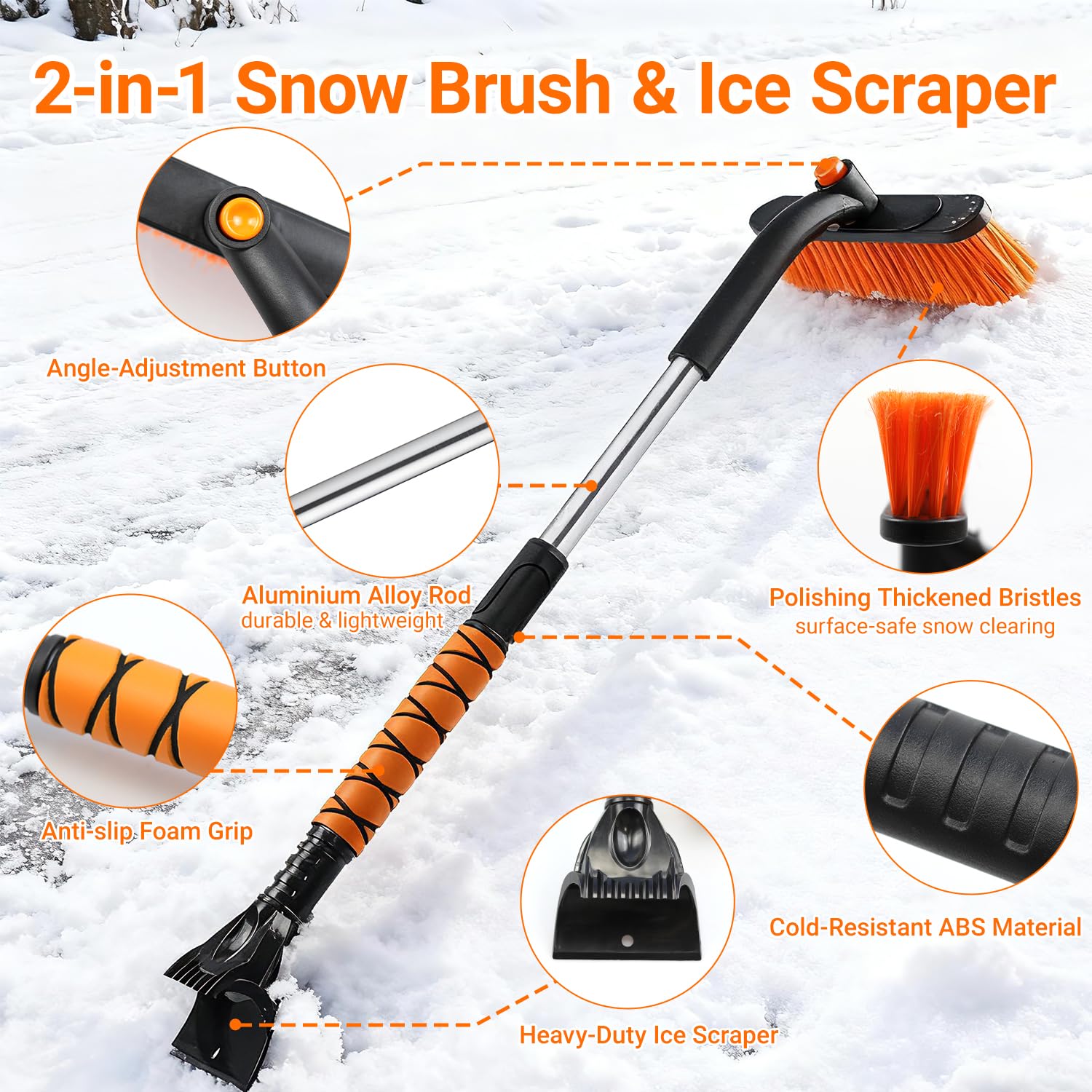 Rascador de hielo y cepillo de nieve 2 en 1 mejorado para automóvil, extensible hasta 33 pulgadas con cómodo agarre de espuma y cabezal giratorio para camiones, SUV, parabrisas de