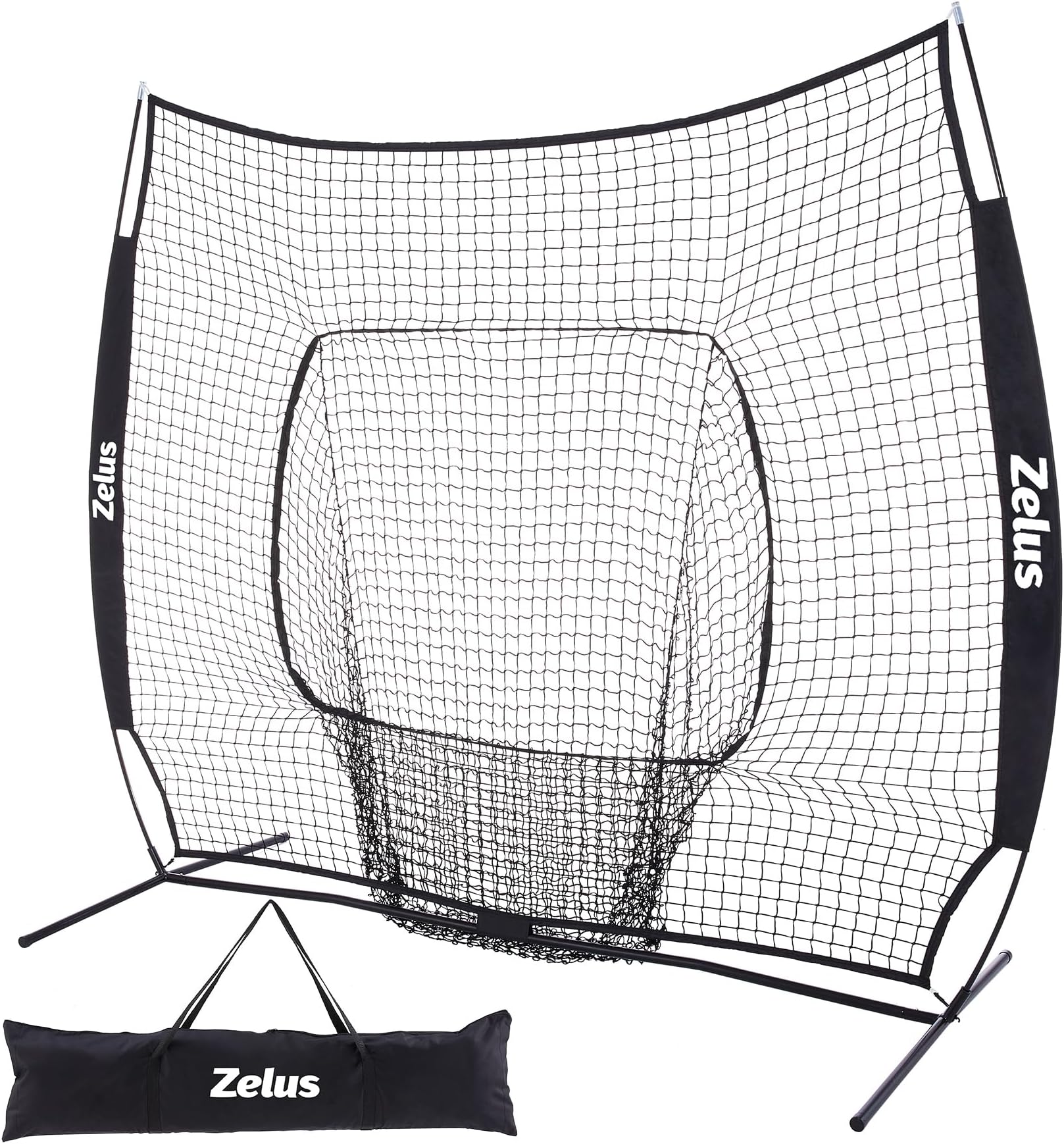 ZELUS Baseball Net 7 ft x7 ft, Softball Hitting & Pitching with Carry Bag, Ground Stakes, Portable Backstop & Bow Frame, Training Equipment for All Ages