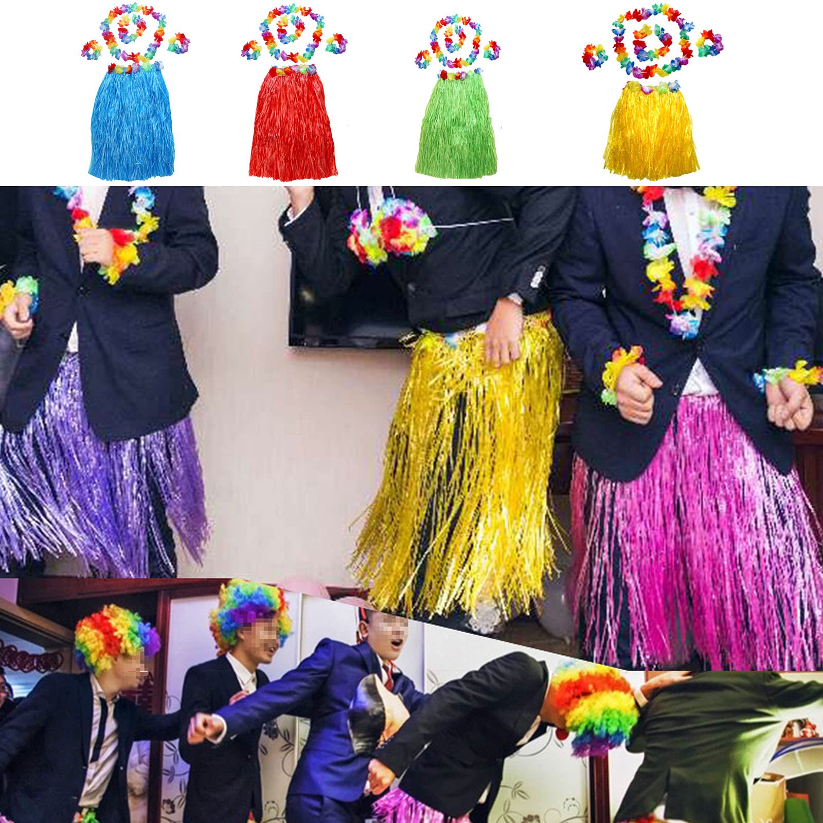 4 Piezas Conjunto Hawaii Hula, Hawaiian Grass Hula Faldas, Guirnalda Hawaiana Falda de Hierba, Adecuado para Fiestas, Fiestas de Baile, Mejorar el Ambiente de Fiesta(Cuatro Colores)