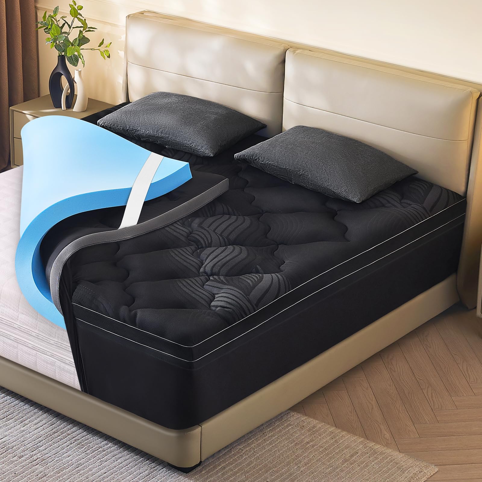 King Size Memory Foam Mattress Topper - 4 Inch Cooling Dual Layer with 2" Gel Memory Foam & 2" Thick 1500 GSM Pillow Top, Breathable Mattress Pad Cover Medium Firm Support for Back (Black)