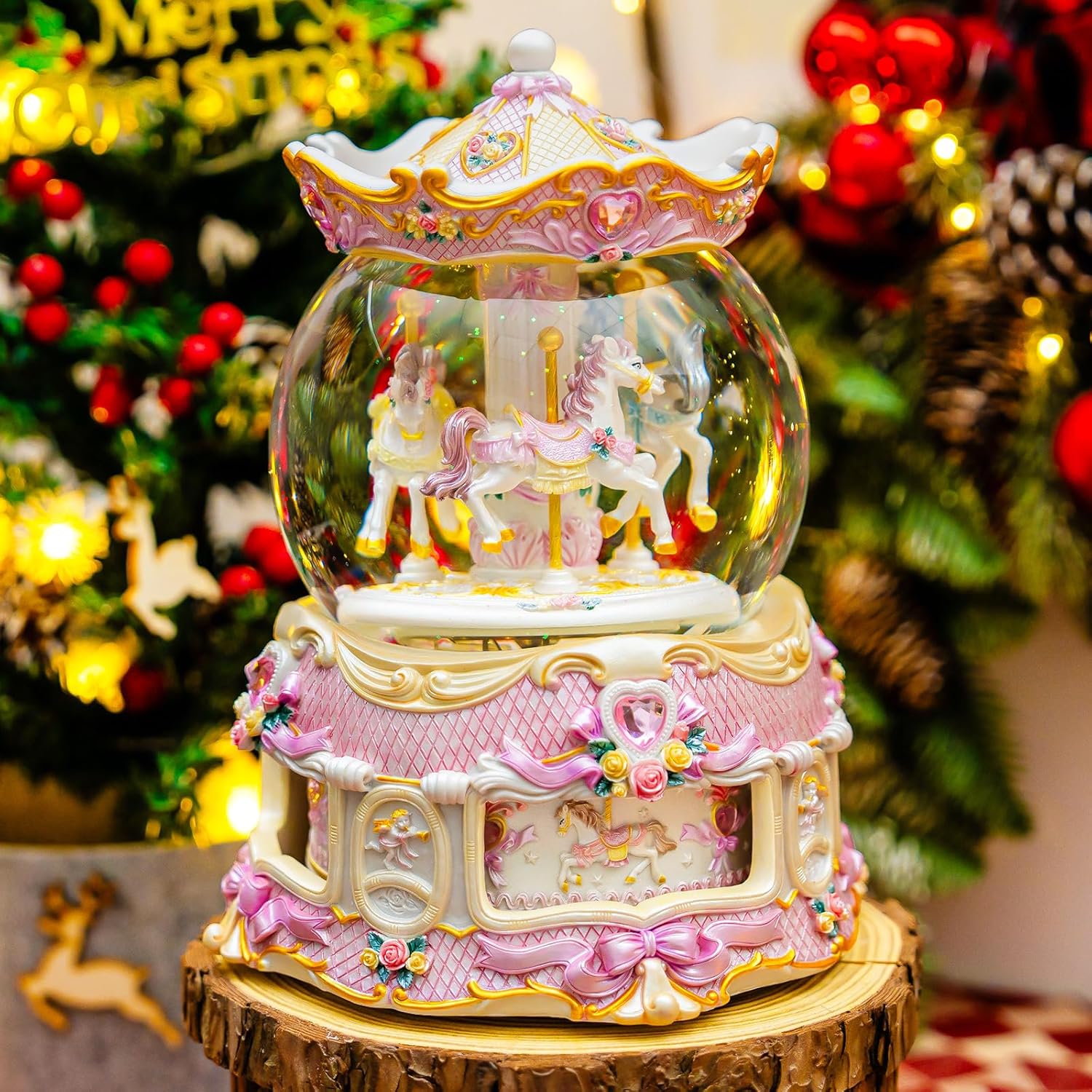 Enchanting 10-Inch Carousel Snow Globe Music Box, Rotating Lights Remote Musical, for Christmas, Birthdays & Home Décor Holiday Décor for Family,Friends, Plays 64 Classic Melodies