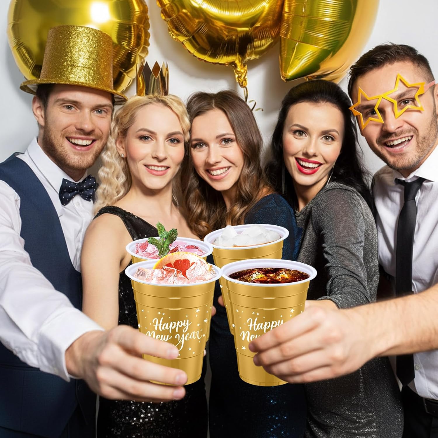 50 Pcs 2026 New Year Disposable Cups 16oz Plastic Party Cups Gold Happy New Years Eve Reusable Drinkware for Winter Party Holiday Drinks Decorations Toss Game Supplies - Image 6