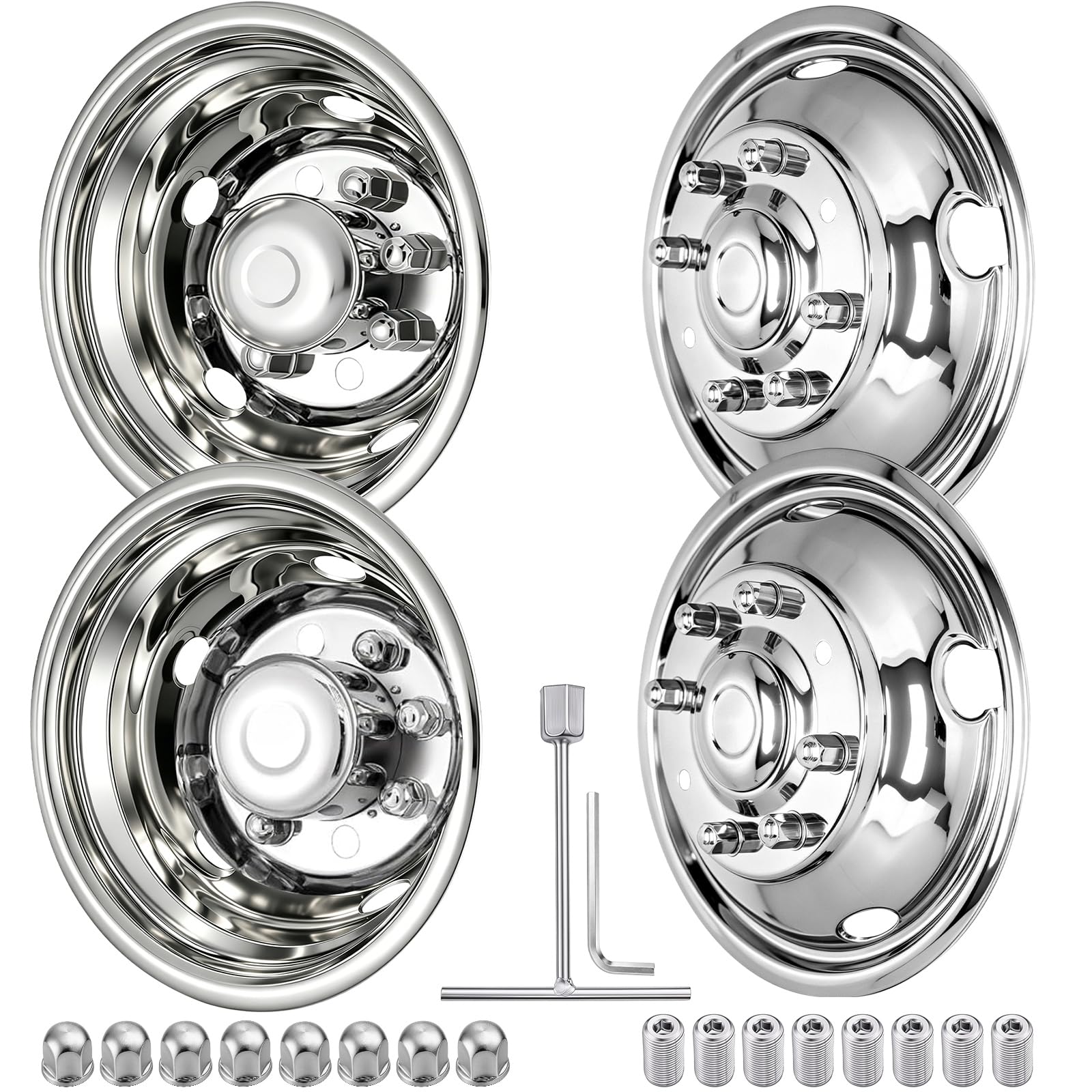 19.5" 8 Lug Wheel Simulators Stainless Steel Bolt Kit Fit for Pick-up Trucks Vans RV Hub Caps Rim Skin Chrome Cover Parts (19.5" 8 Lug for 1999~2002 Ford F450 F550)