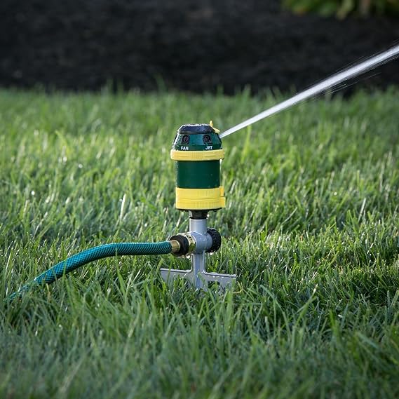 Melnor 65161AMZ Turbo Drive Rotary Sprinkler, Waters Up to 70 Ft. Diameter, 6 Spray Patterns, Adjustable 30 to 360 Coverage, Metal Spike Base, Quick Connect Bundle, Green, Yellow