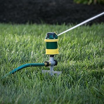 Melnor 65161AMZ Turbo Drive Rotary Sprinkler, Waters Up to 70 Ft. Diameter, 6 Spray Patterns, Adjustable 30 to 360 Coverage, Metal Spike Base, Quick Connect Bundle, Green, Yellow