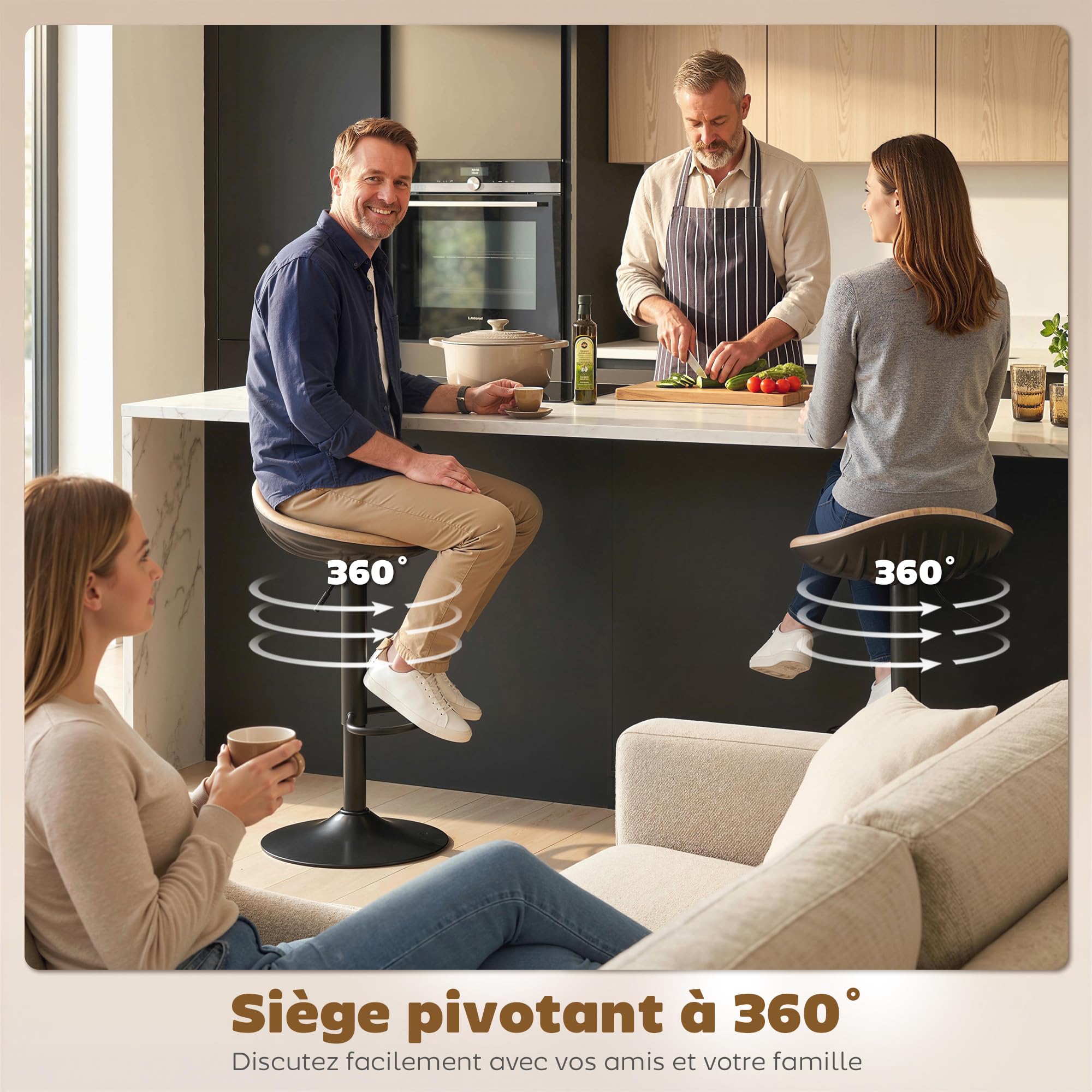 HOMCOM Lot de 2 Tabourets de Bar Réglables en Hauteur 40x40x63-84cm Chêne