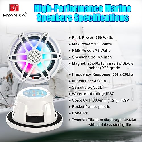 Miniatura 5 de H YANKA HMS-65 6.5 Altavoces marinos - 750W 2 vías IP67 impermeable sistema estéreo de barco con luces LED, altavoces coaxiales de alta fidelidad,