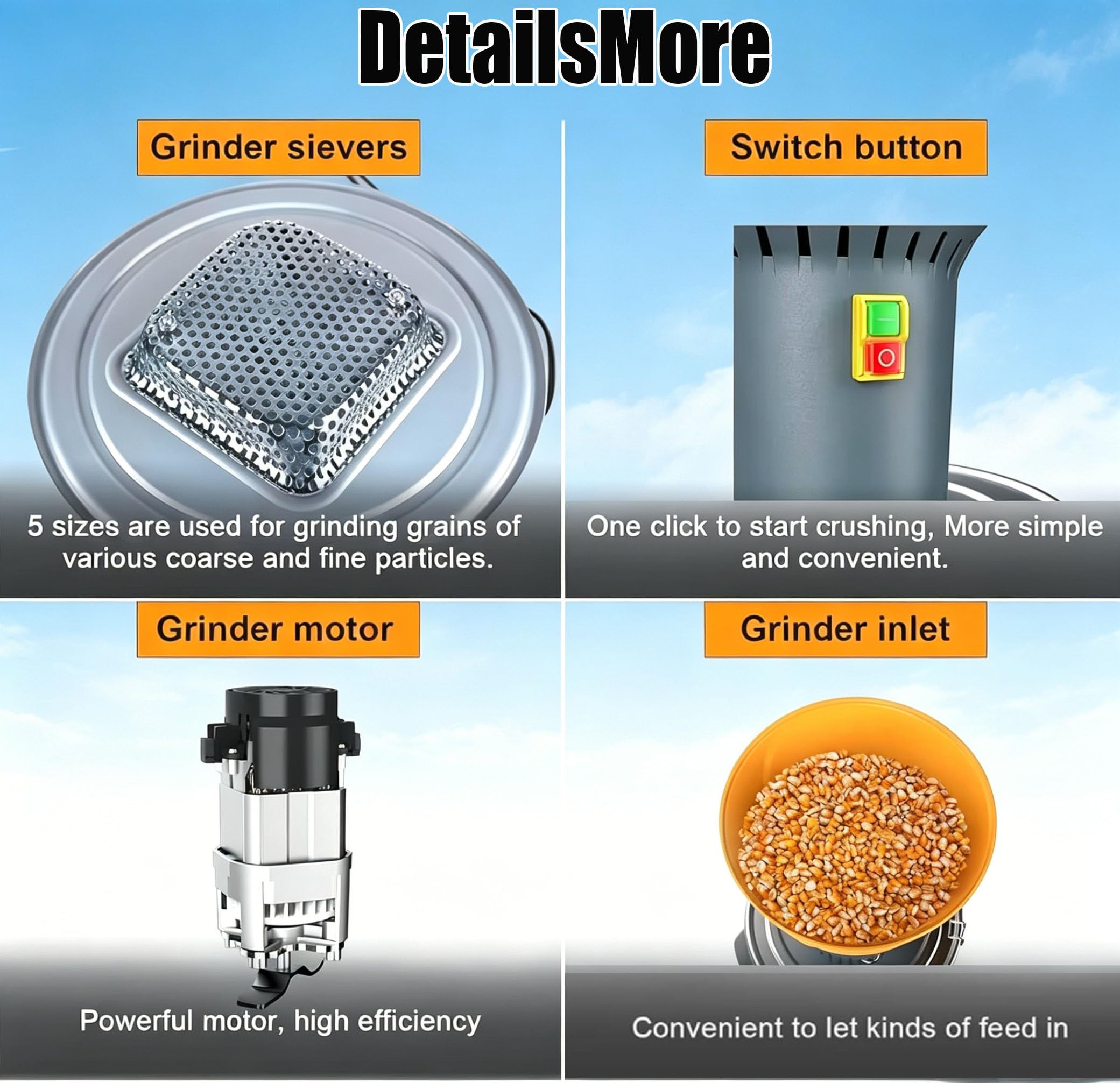 Molinillo eléctrico de alimentación, molinillo de 6.6 galones con tolva desmontable y 5 tamices para cereales secos sin polvo, trigo, maíz, granos, especias