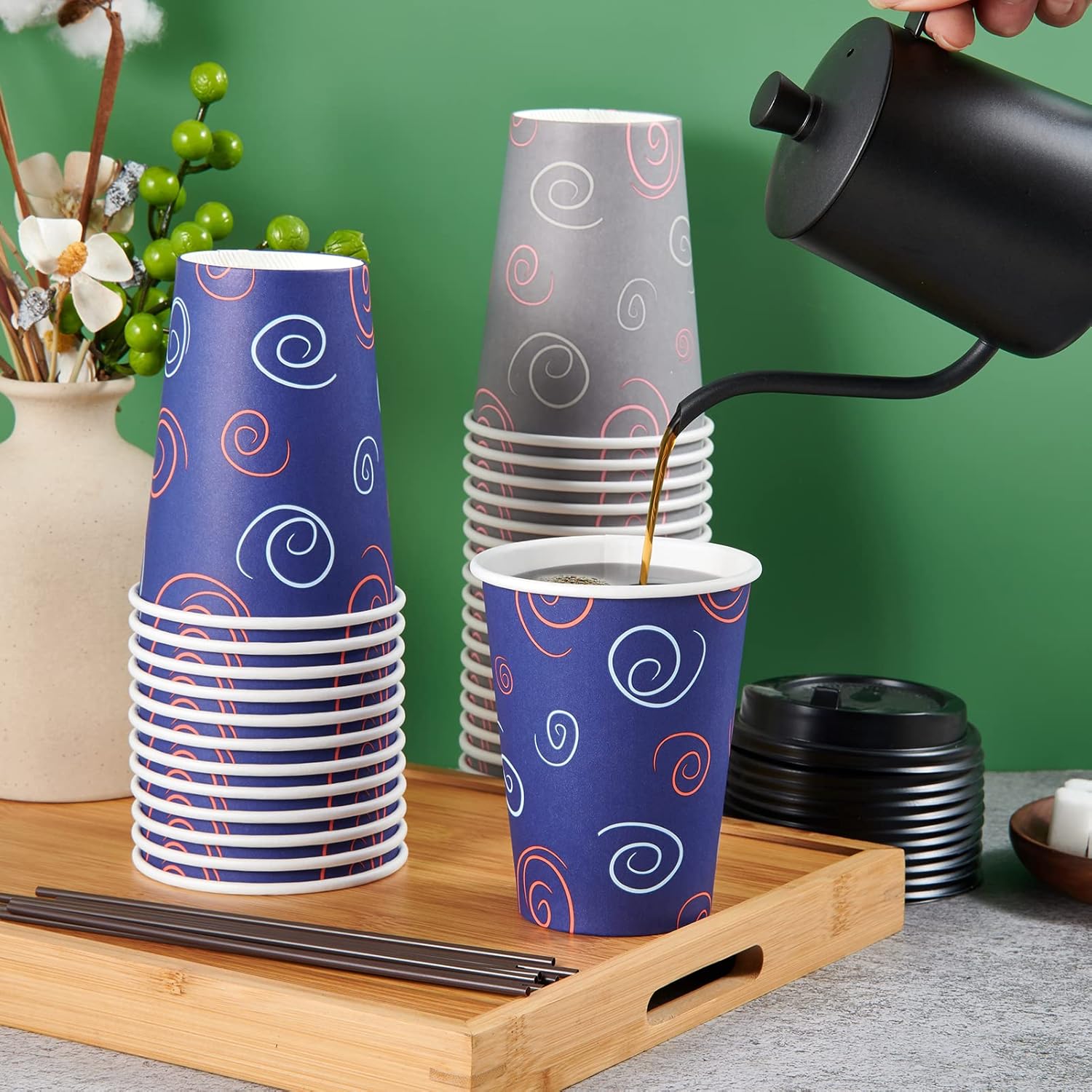100 Pack 12 oz Paper Cups, Disposable Coffee Cups with Lids and Straws for Drinking Water, Tea, Used for Home, Shops and Cafes - Image 3