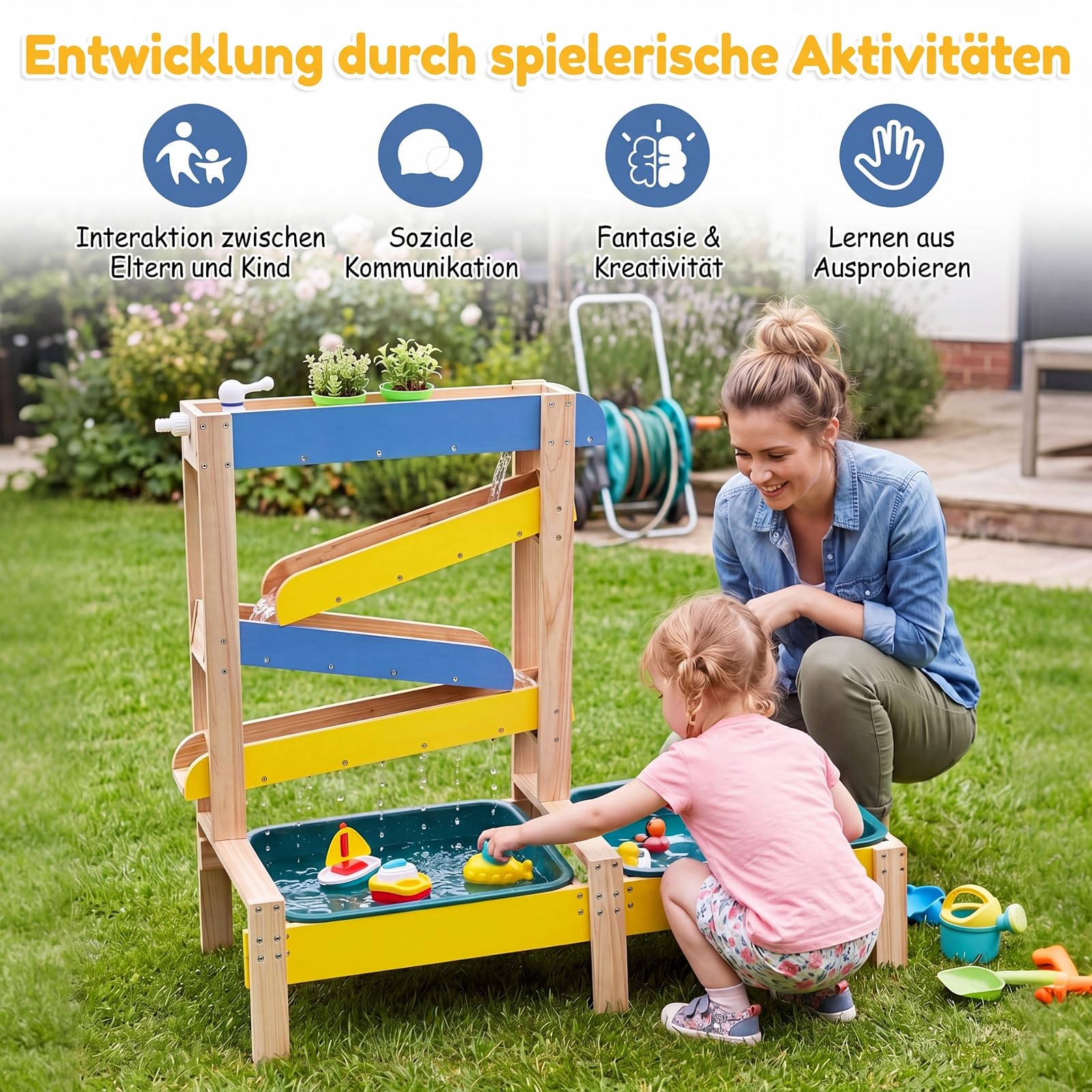 COSTWAY Sand- und Wassertisch, Sandspielzeug mit 2 Becken und Zubehör | 3 in 1 Montessori Sensorik-Spieltisch für Kleinkinder ab 3 Jahren, Outdoor Gartenspielzeug für Jungen und Mädchen