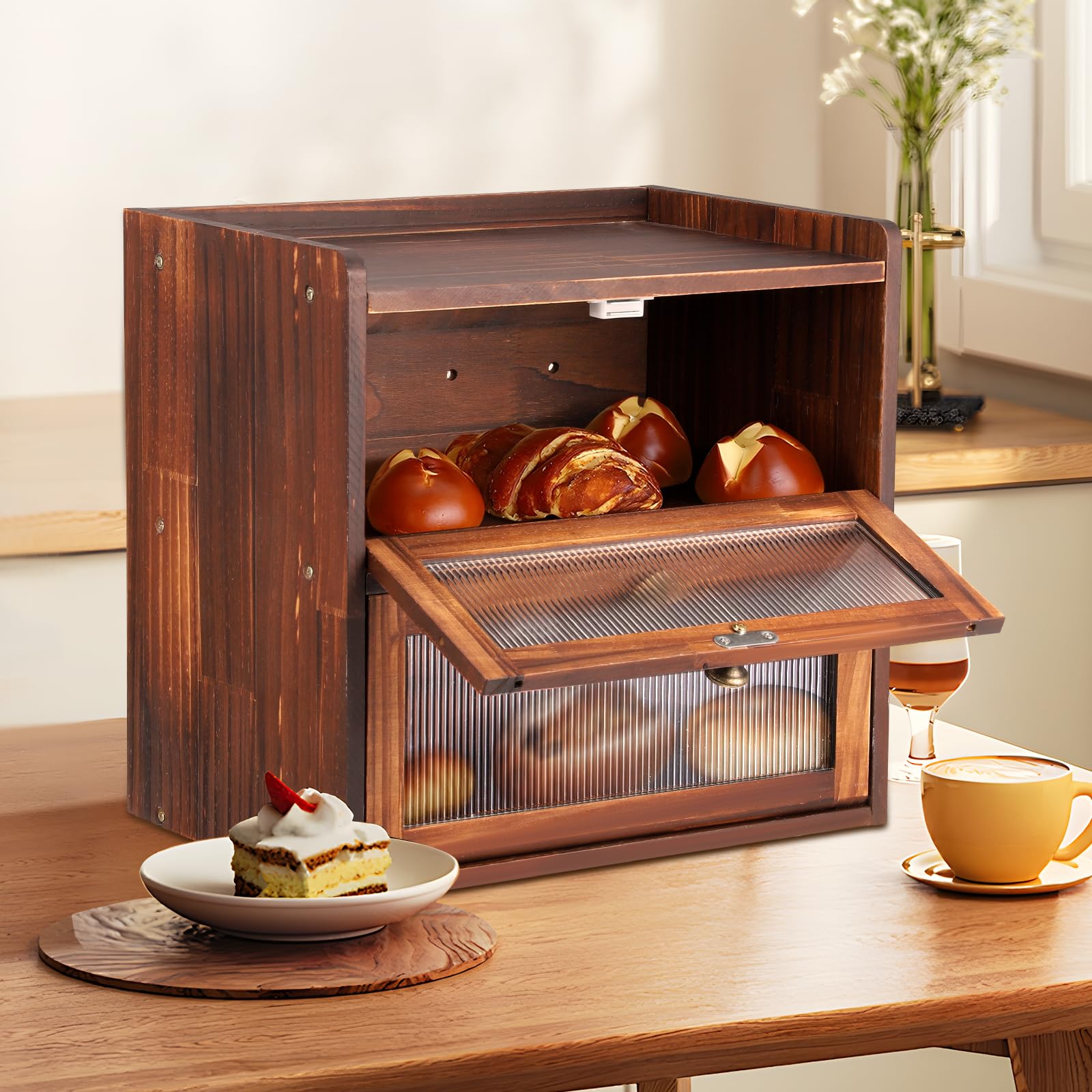 Contenitore per il Pane Doppio Strato per il Piano di Lavoro della Cucina, Portapane in Legno con Finestre, Scatola per Alimenti Secchi con Prese D'aria per Mantenere il Pane Fresco(Marrone)