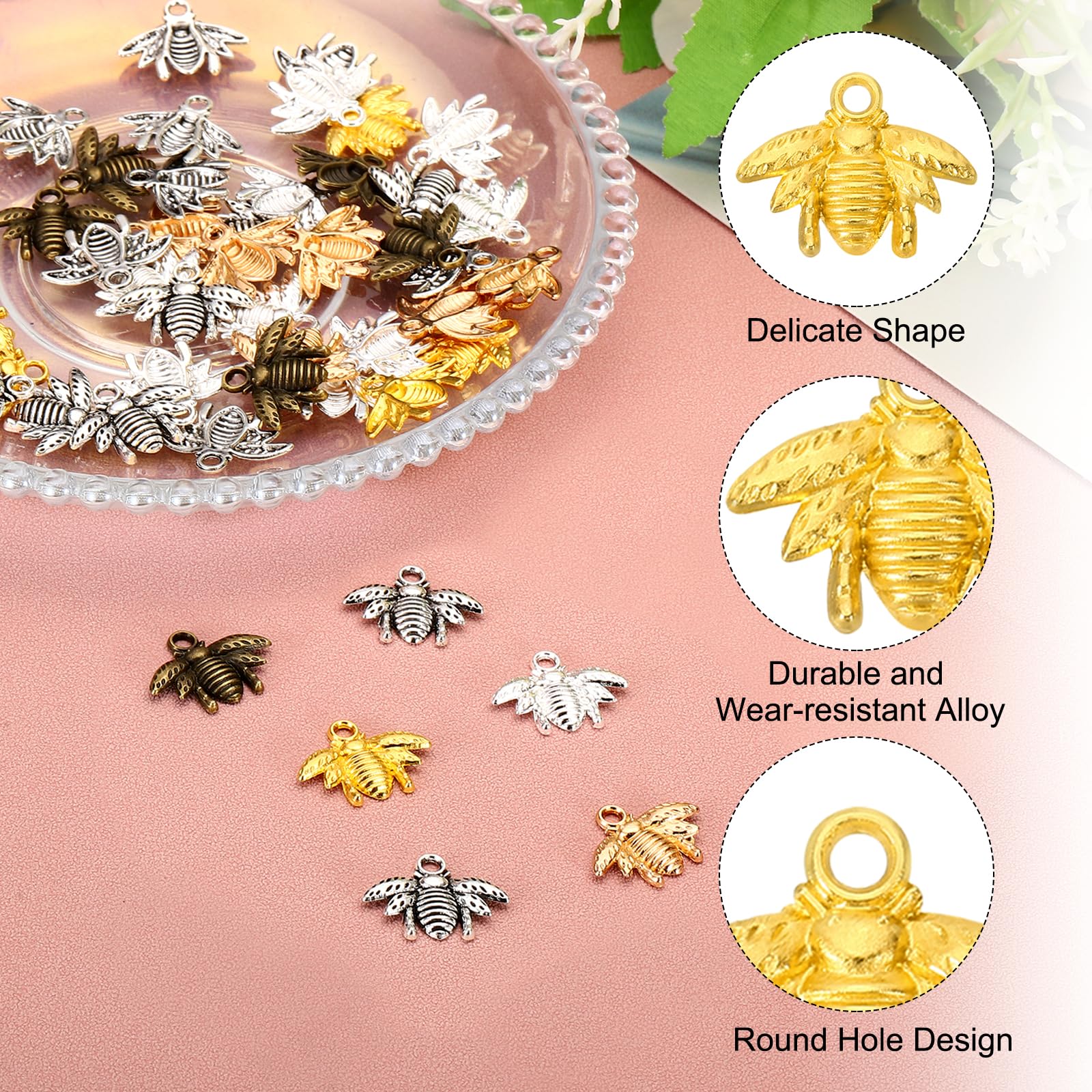 PATIKIL Bee Charm, 50 Pcs Alloy Honeybee Charm Pendant for DIY Crafts Multicolored, 0.6 x 0.8 Inch, Dark Bronze, 0.6 x 0.5 Inch - Image 3