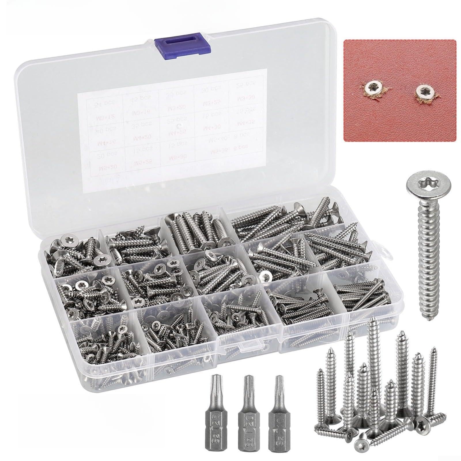 Kit di viti autofilettanti in acciaio inox per torx, 385 pezzi, con punte | Acciaio inossidabile 304, per testa svasata torx, nessuna pre-foratura necessaria, scatola organizzata per metallo, legno