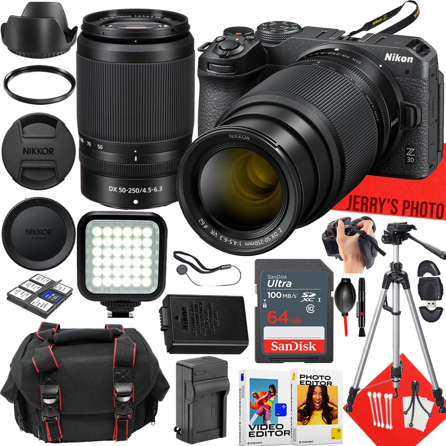 Nikon Z30 Mirrorless Camera with Nikon NIKKOR Z DX 50-250mm f/4.5-6.3 VR Lens + 64 GB Memory + LED Light + Camera Case + Tripod + More (24pc Bundle) (Renewed)