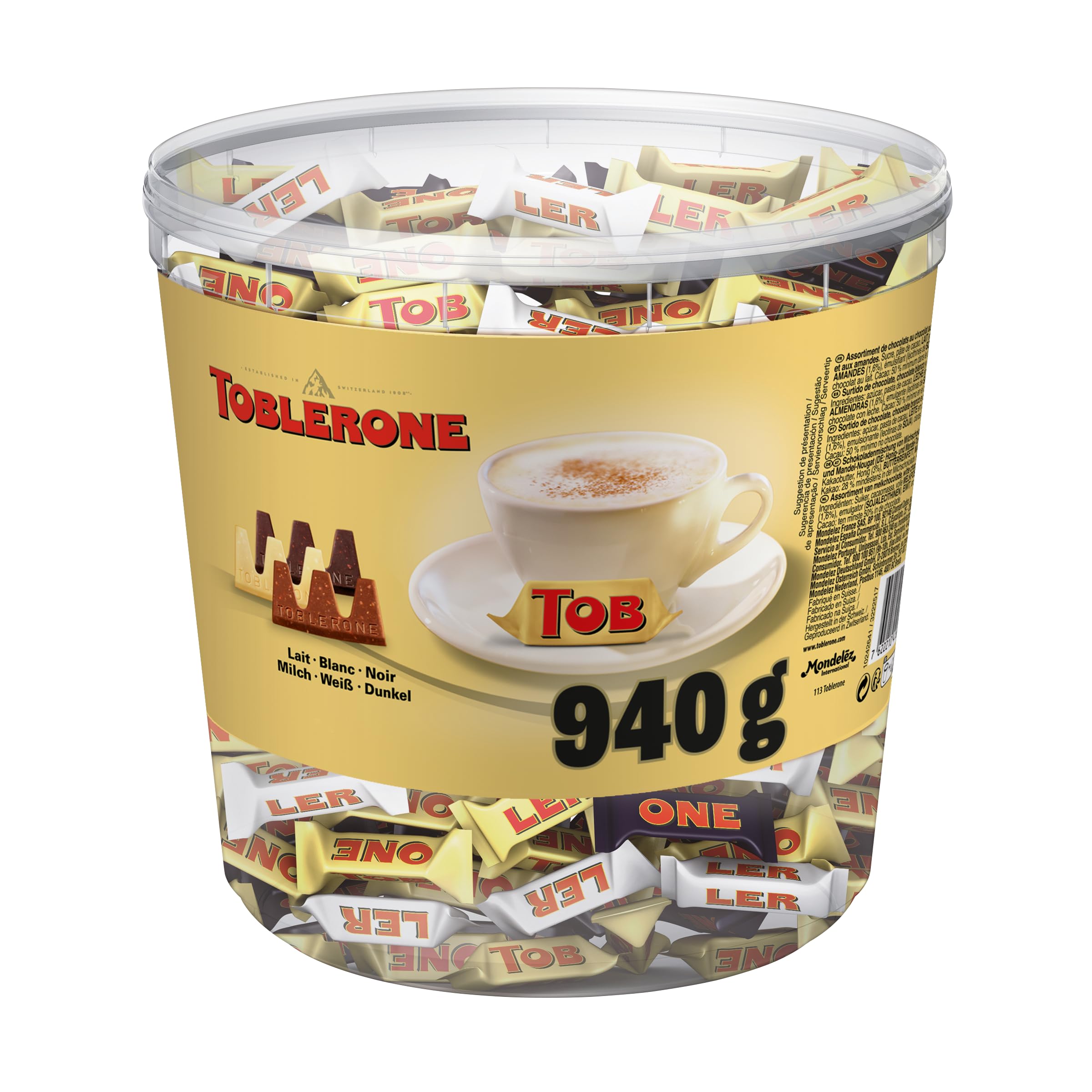 Toblerone Surtido de Mini Chocolate Suizo Mix de Sabores: Chocolate con Leche, Chocolate Blanco y Chocolate Negro con Nougat de Miel y Almendras, Pack 904g