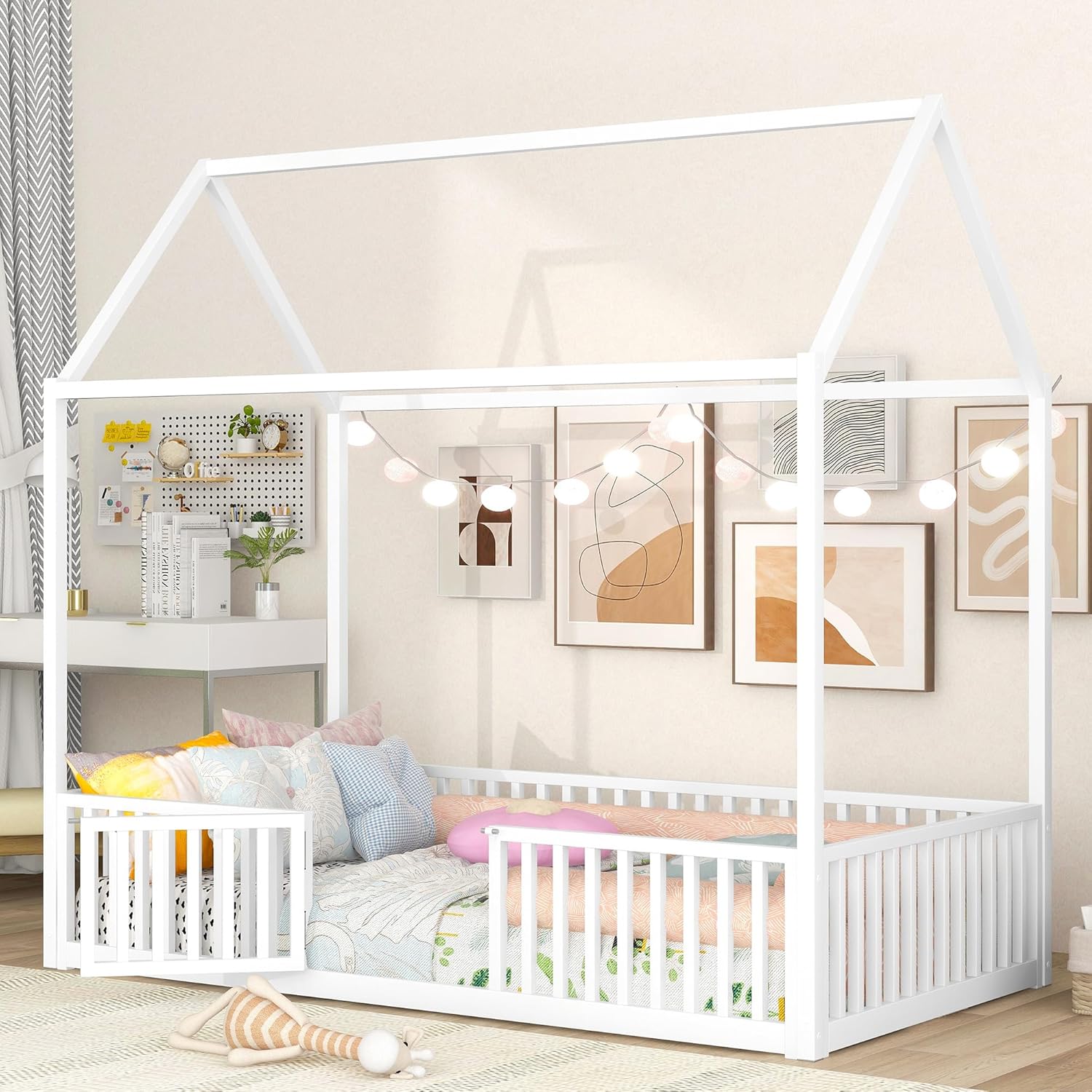 Bellemave Montessori Bed Frame with Door and High Fence, Montessori Floor Bed Twin Size, House Floor Bed/Twin Floor Bed for Kids, Girls, Boys, Twin Size Montessori Bed White