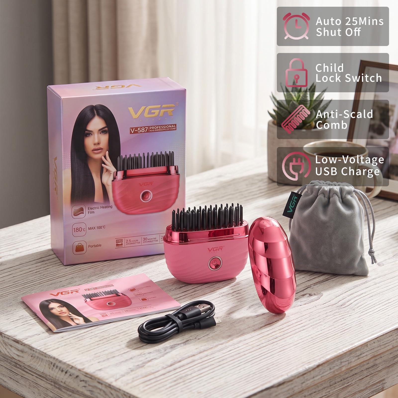 VGR 587 Spazzola Lisciante Senza Fili, Mini Spazzola Per Stiratura Capelli Con 2 Temperature Fino A 180°C, Ricarica USB, Denti Anti Scottatura, Con Borsa Per Il Trasporto Per Viaggi E Casa, Rosa