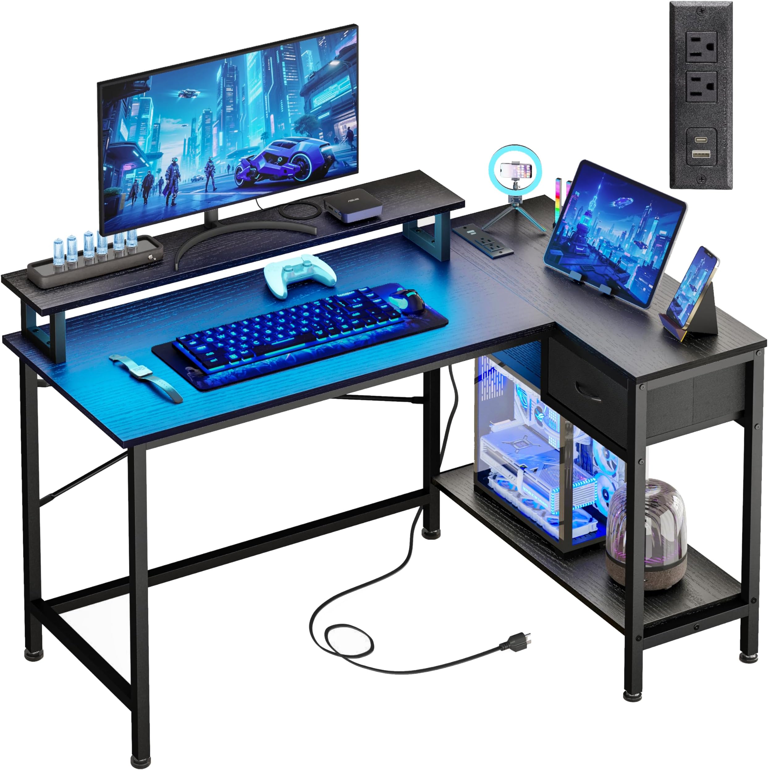 L Shaped Desk With Drawers And Power Outlets For Home Office