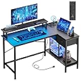 Gaming Desk for Bedroom L Shaped Small Corner Computer Desk with Power Outlets and LED Lights, PC Desk, Home Office Desks with Drawer, Writing Desk Study Desk, Black